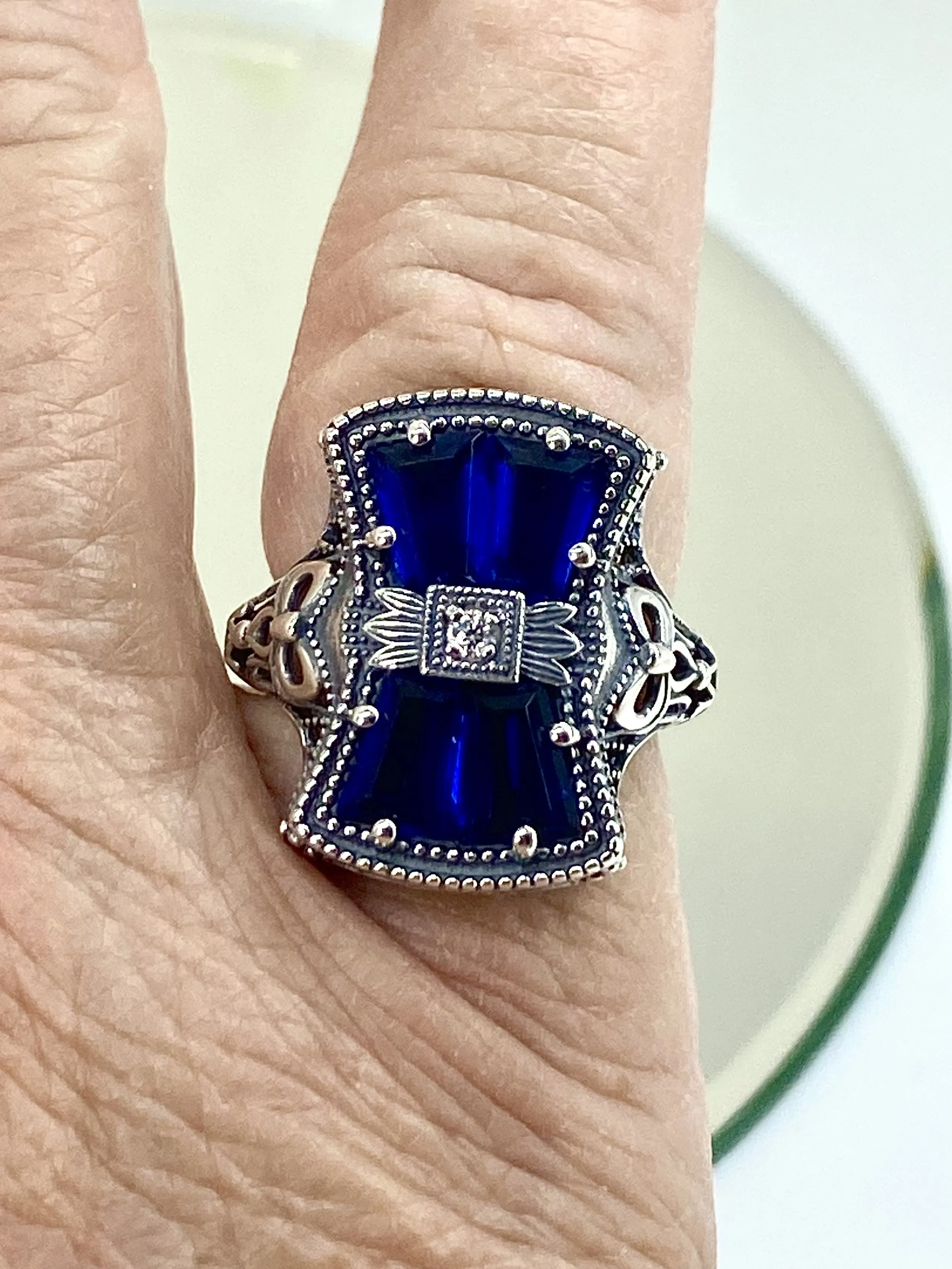 Blue Sapphire Ring, Size 6, Versailles Sterling Silver Bow & Baguette CZ Ring, Baroque Jewelry D595 - Ready to Ship