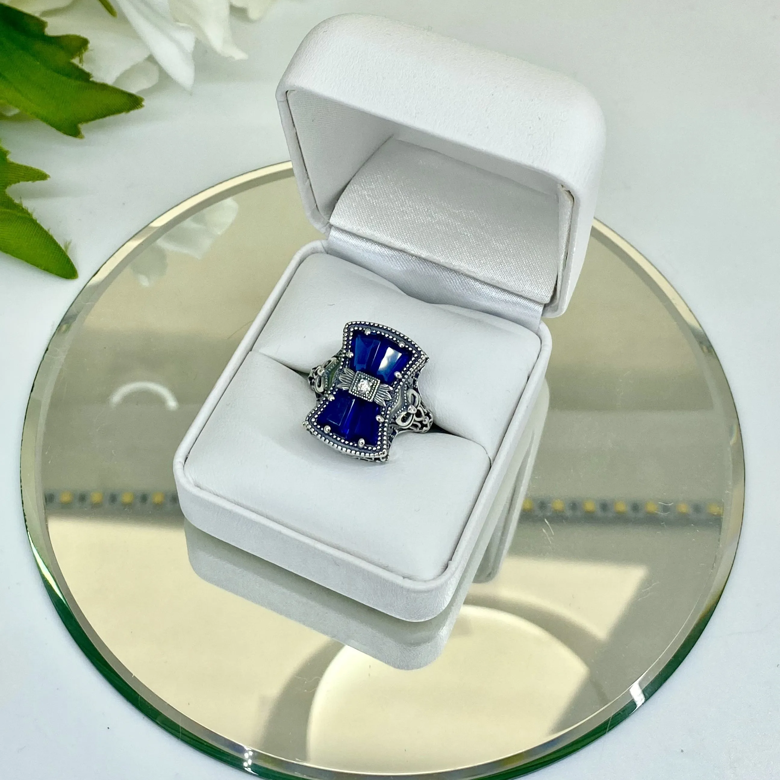 Blue Sapphire Ring, Size 6, Versailles Sterling Silver Bow & Baguette CZ Ring, Baroque Jewelry D595 - Ready to Ship