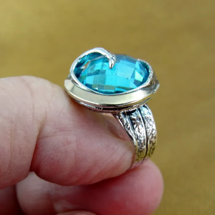 Blue Topaz Ring  9k Yellow Gold 925 Silver  6,7,8,9 Handmade Hadar Designers (Si)Y