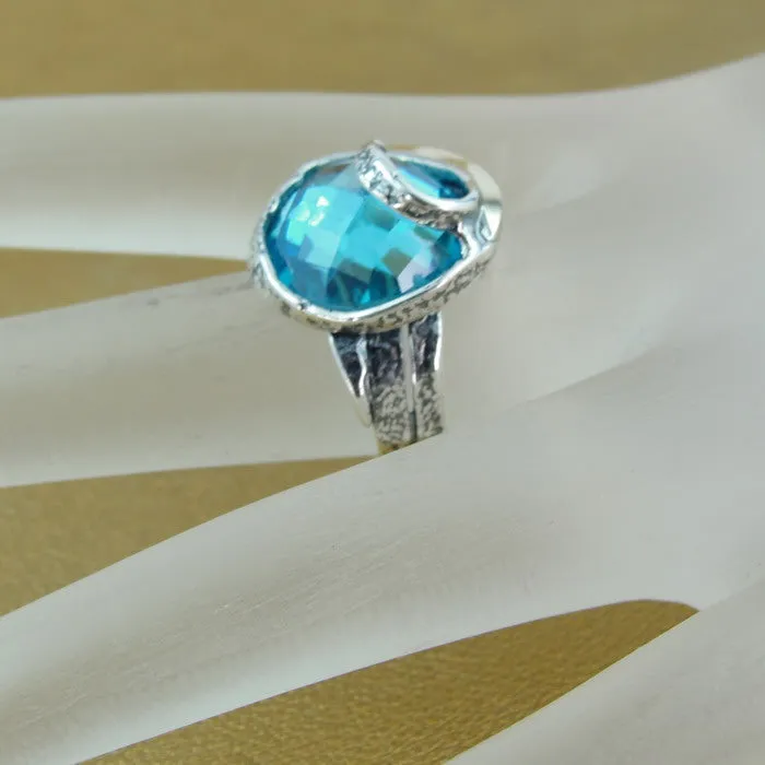 Blue Topaz Ring  9k Yellow Gold 925 Silver  6,7,8,9 Handmade Hadar Designers (Si)Y