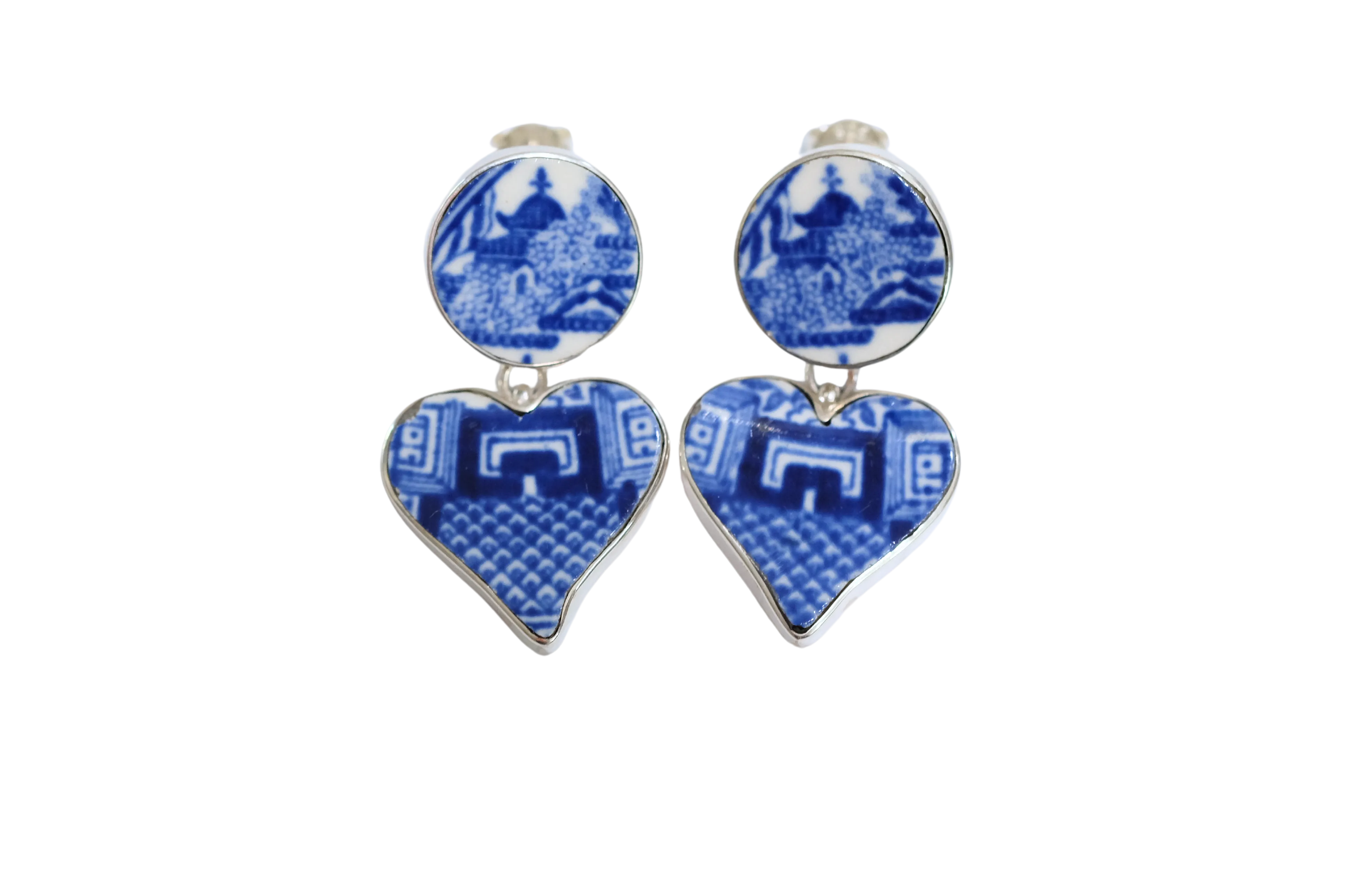 Blue Willow Pagoda Double Dangle Earrings