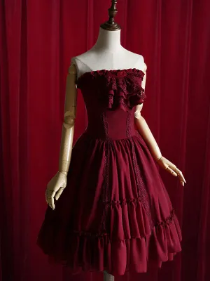Burgundy Lolita Dress Bow Strapless Lace Up Cotton Dress