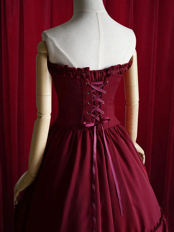 Burgundy Lolita Dress Bow Strapless Lace Up Cotton Dress
