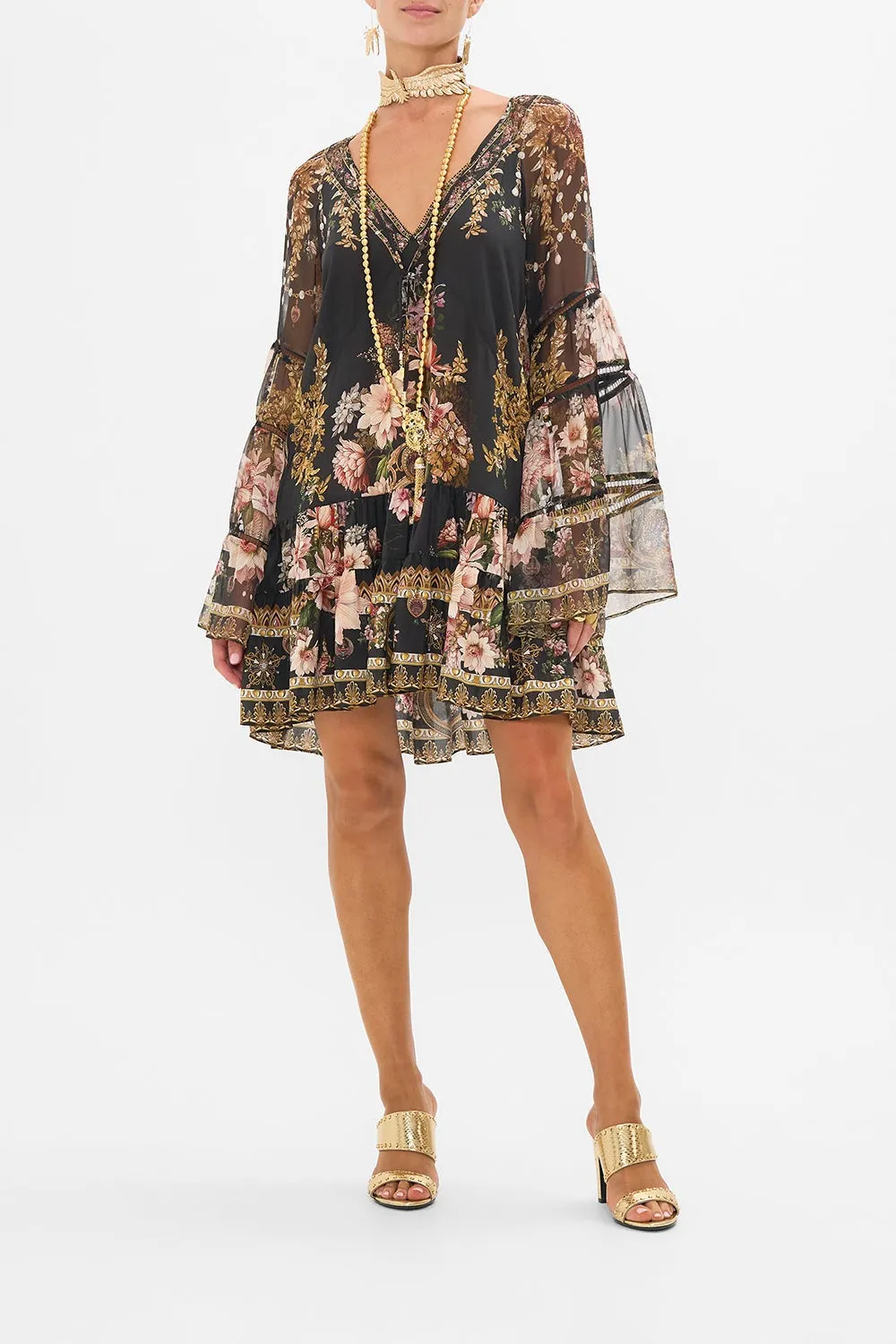 Camilla A-Line Gathered Panel Dress With Lace Trims in Dynasty Daze