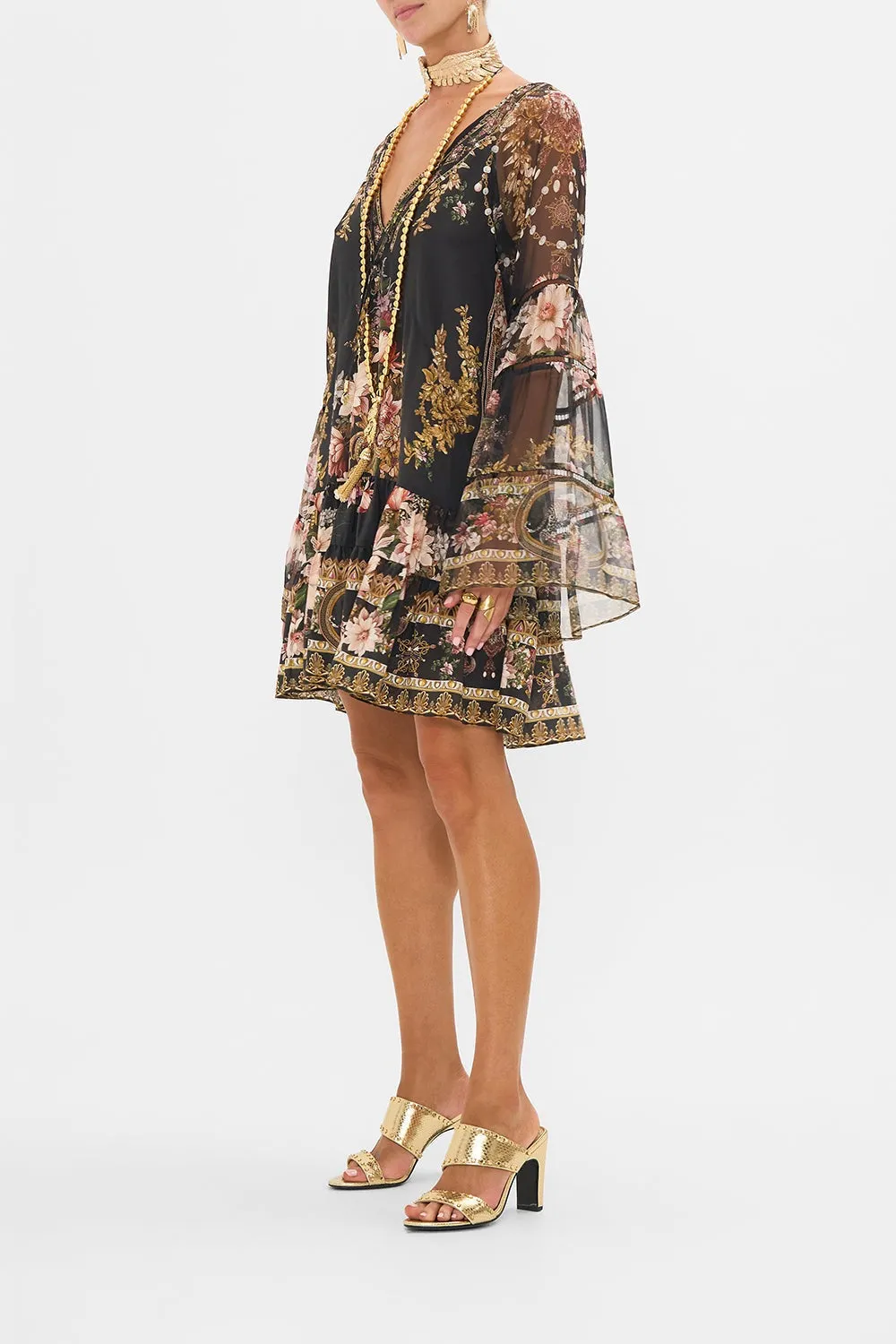 Camilla A-Line Gathered Panel Dress With Lace Trims in Dynasty Daze