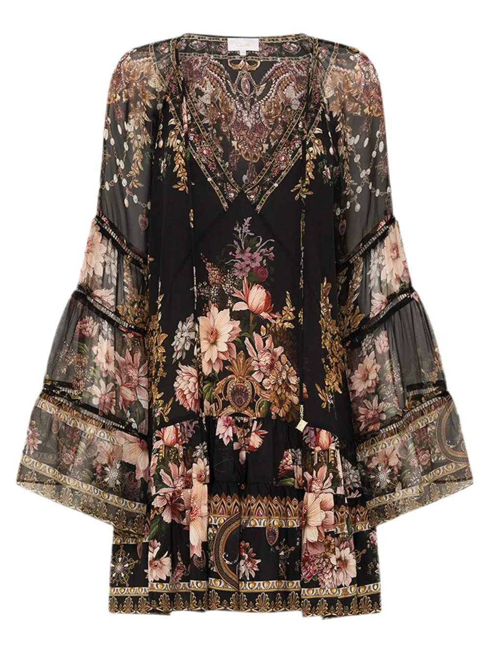 Camilla A-Line Gathered Panel Dress With Lace Trims in Dynasty Daze