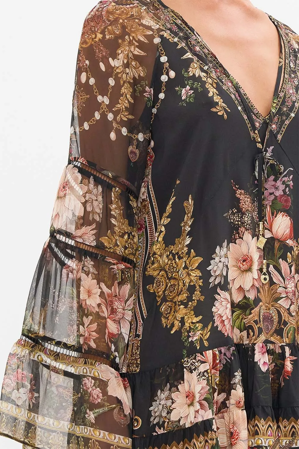 Camilla A-Line Gathered Panel Dress With Lace Trims in Dynasty Daze