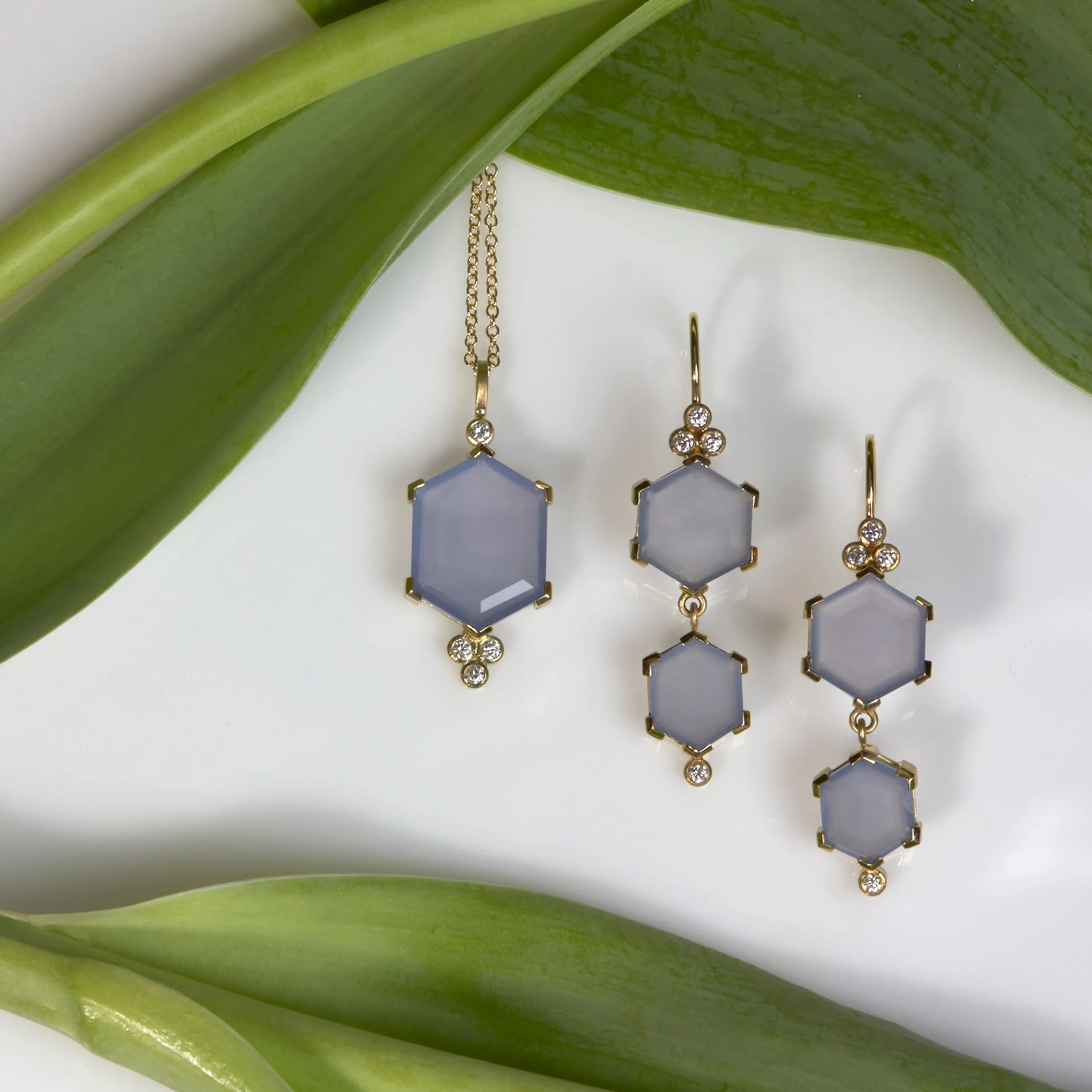 chalcedony hexagon and diamond drop necklace