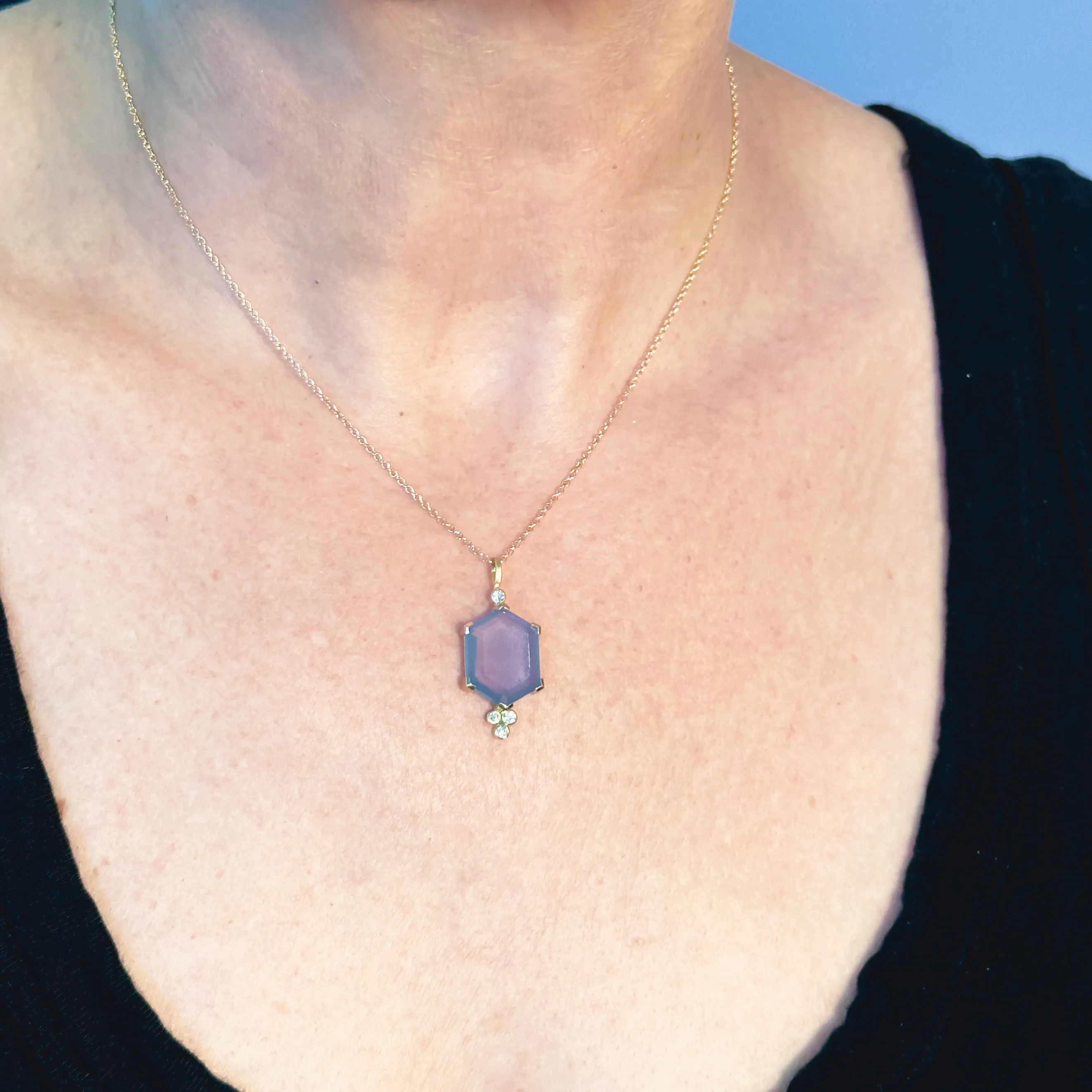 chalcedony hexagon and diamond drop necklace