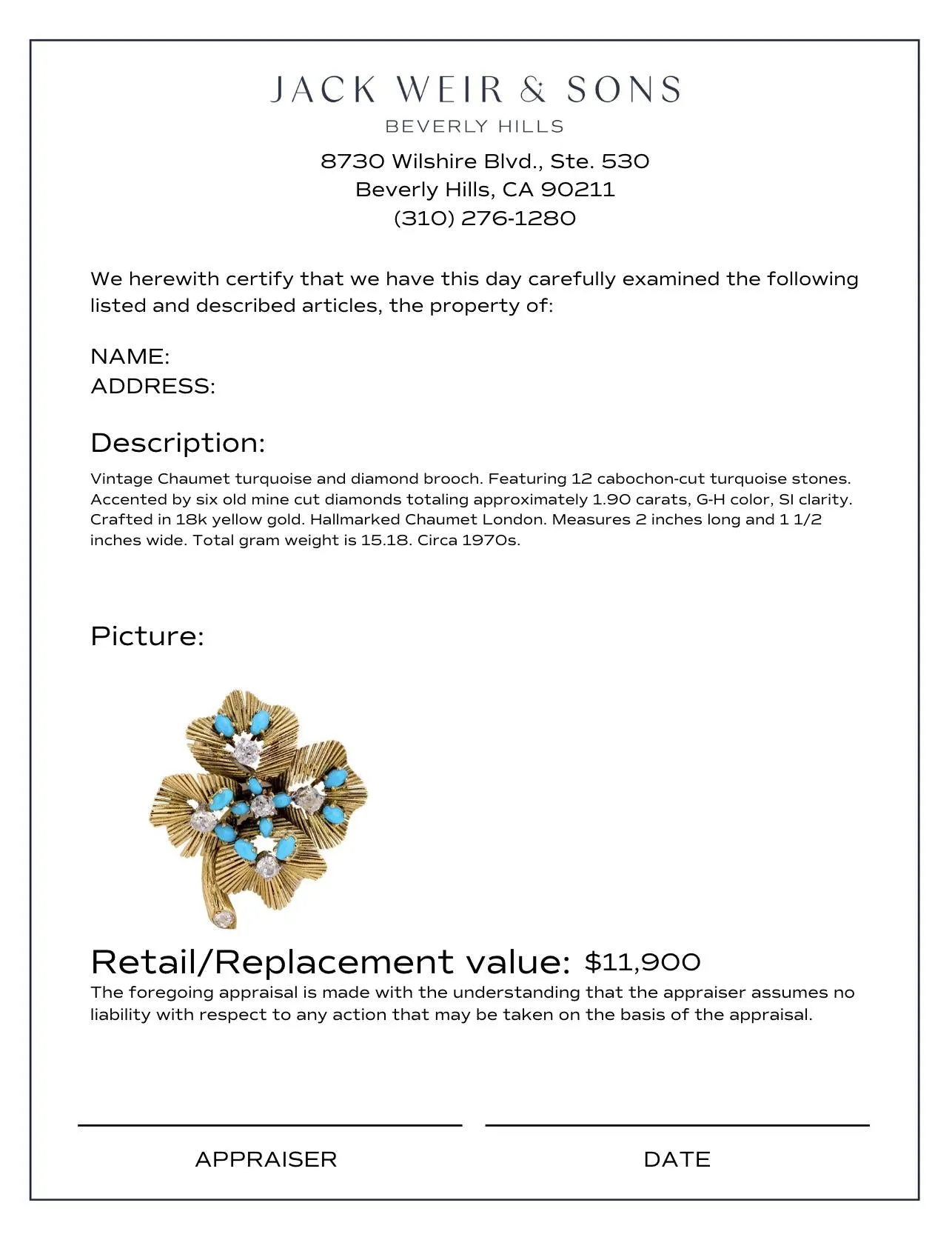 Chaumet vintage turquoise diamond 18k yellow gold brooch