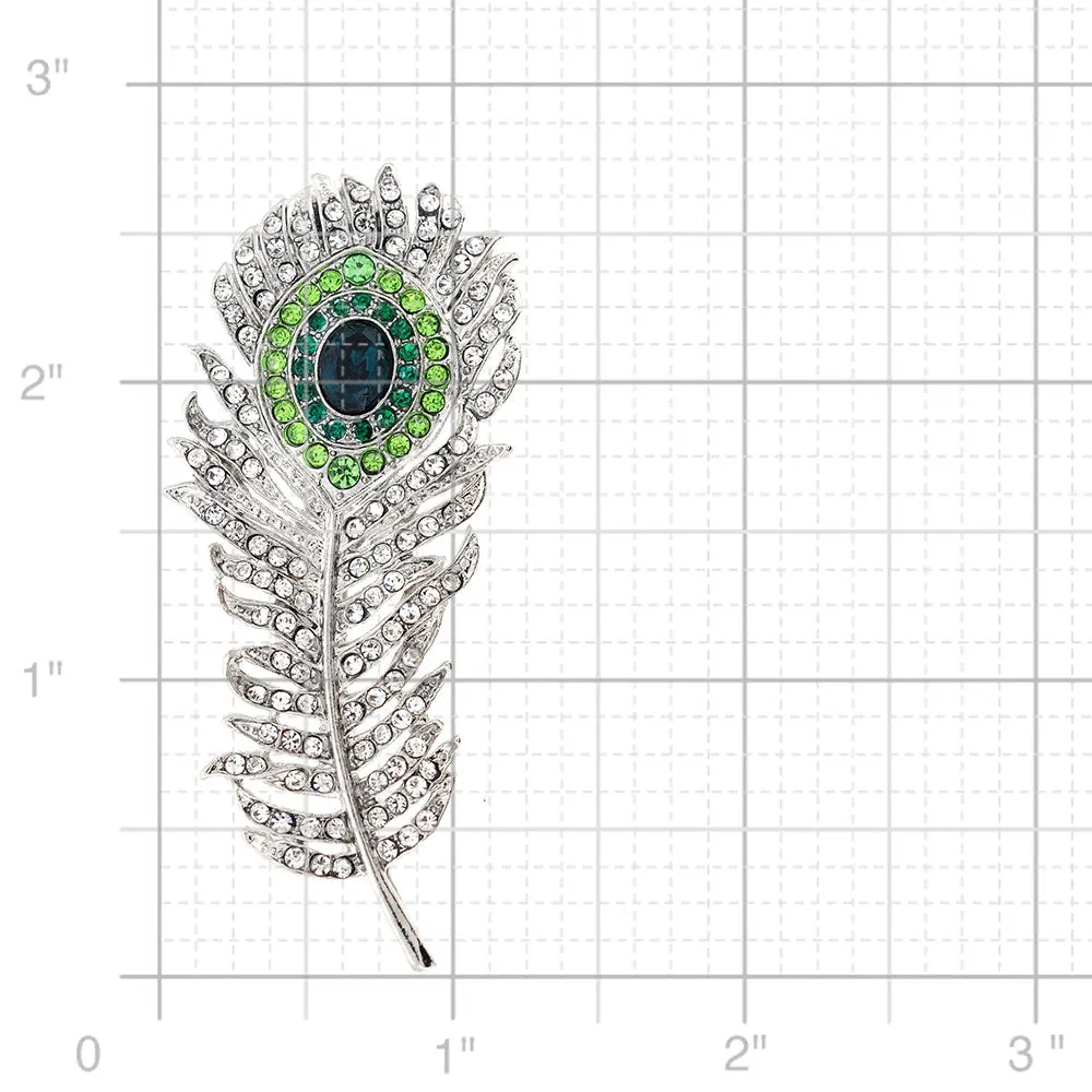 Chrome Peacock Feather Crystal Pin Brooch