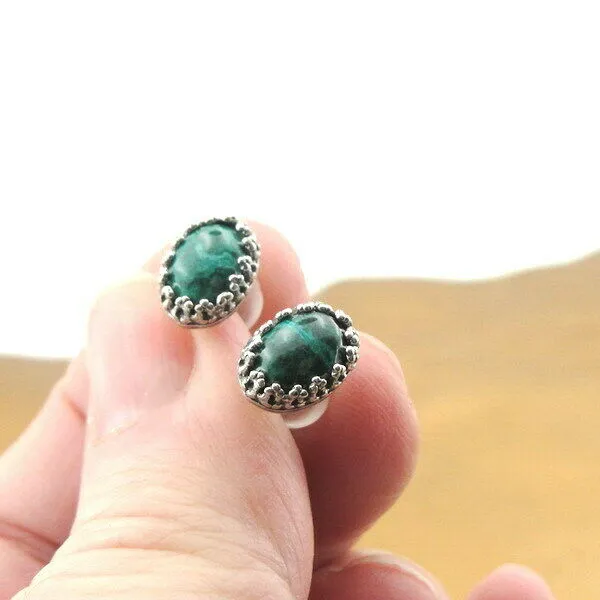 Chrysocolla Oval Stud Earrings 925 Sterling Silver Handmade Hadar Designers () Y