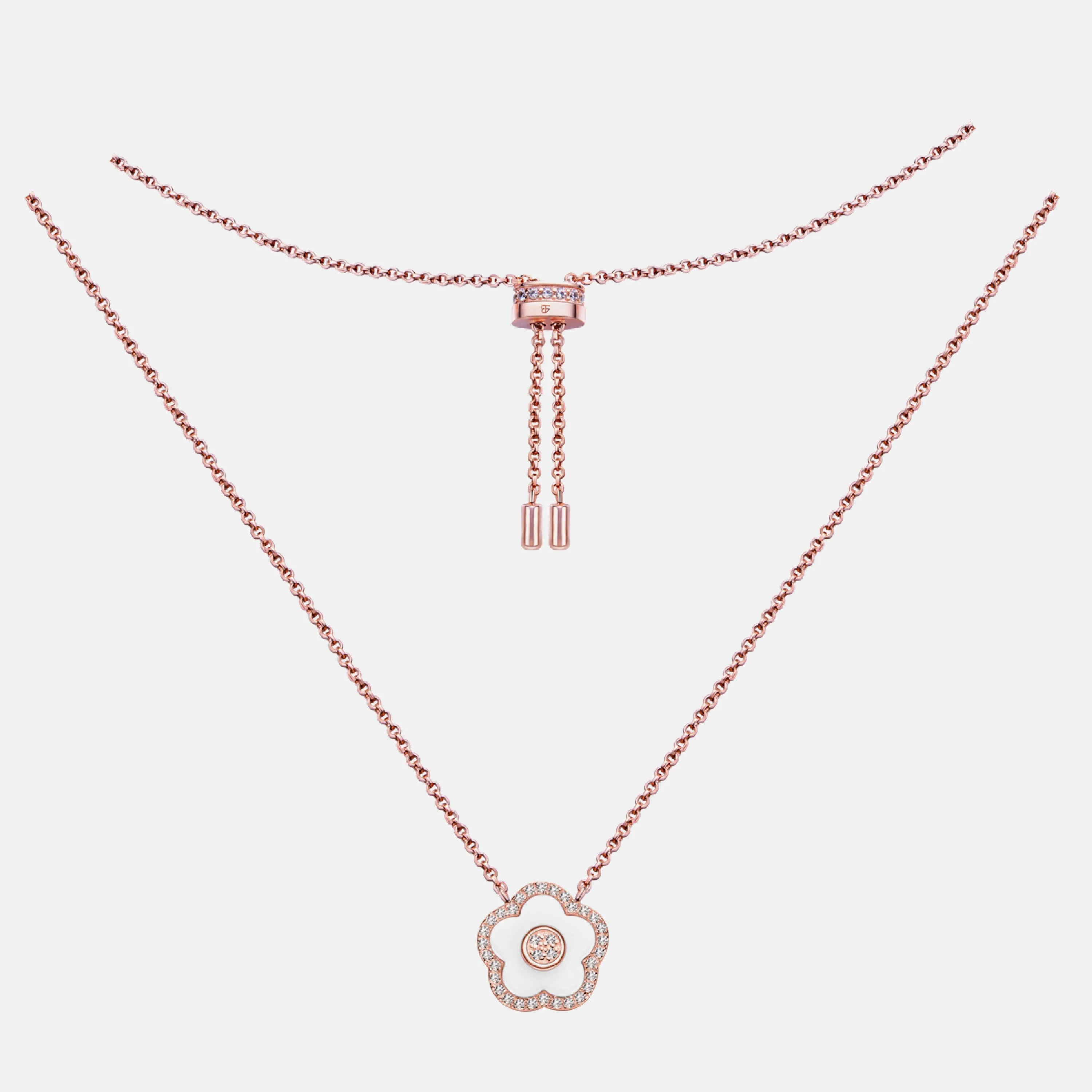 Classic Flower Necklace Brass 18k Rosegold Plating & Pink Ceramic 420-650mm With Sliding Clasp