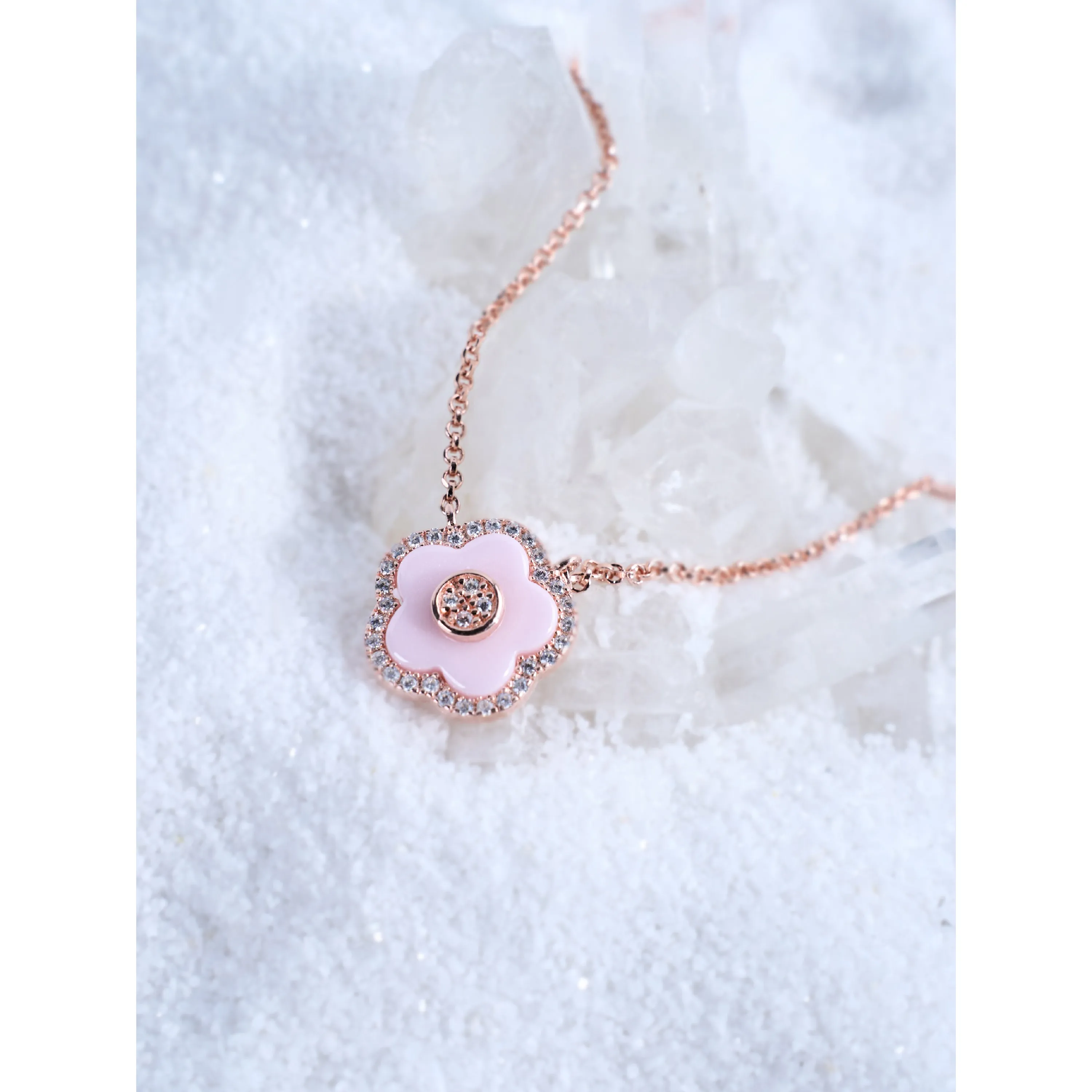 Classic Flower Necklace Brass 18k Rosegold Plating & Pink Ceramic 420-650mm With Sliding Clasp