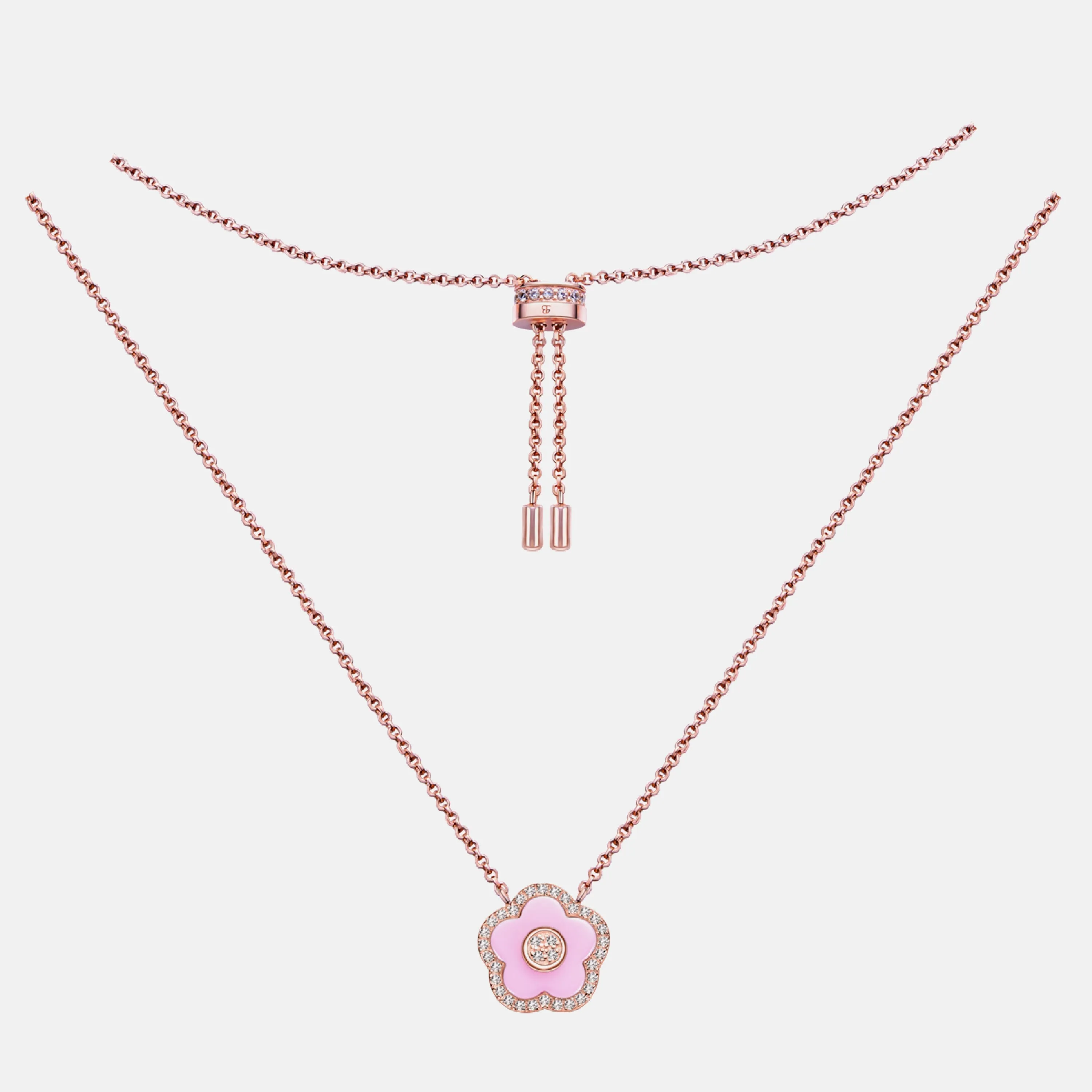 Classic Flower Necklace Brass 18k Rosegold Plating & Pink Ceramic 420-650mm With Sliding Clasp