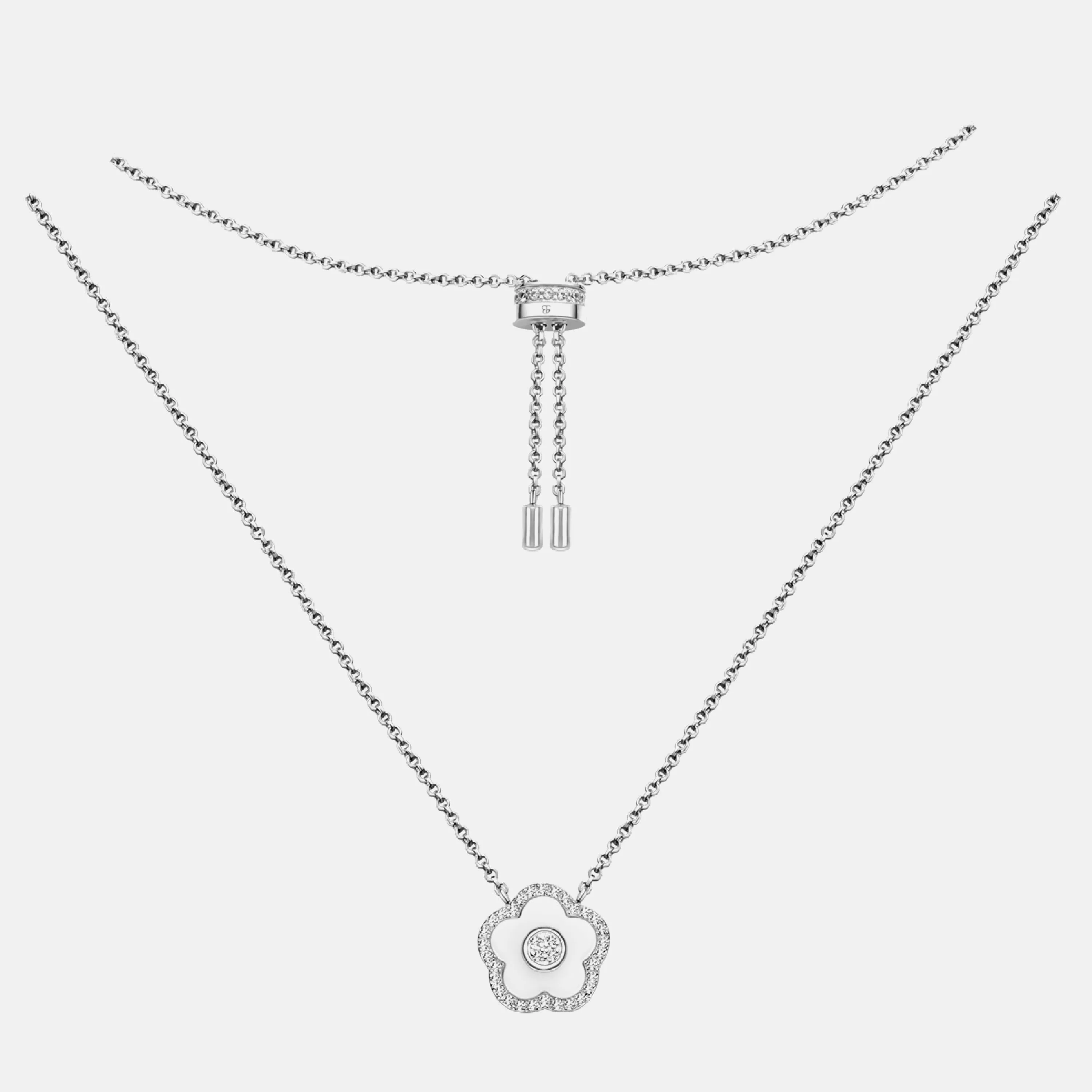 Classic Flower Necklace Brass 18k Silver Plating & Black Ceramic 420-650mm With Sliding Clasp