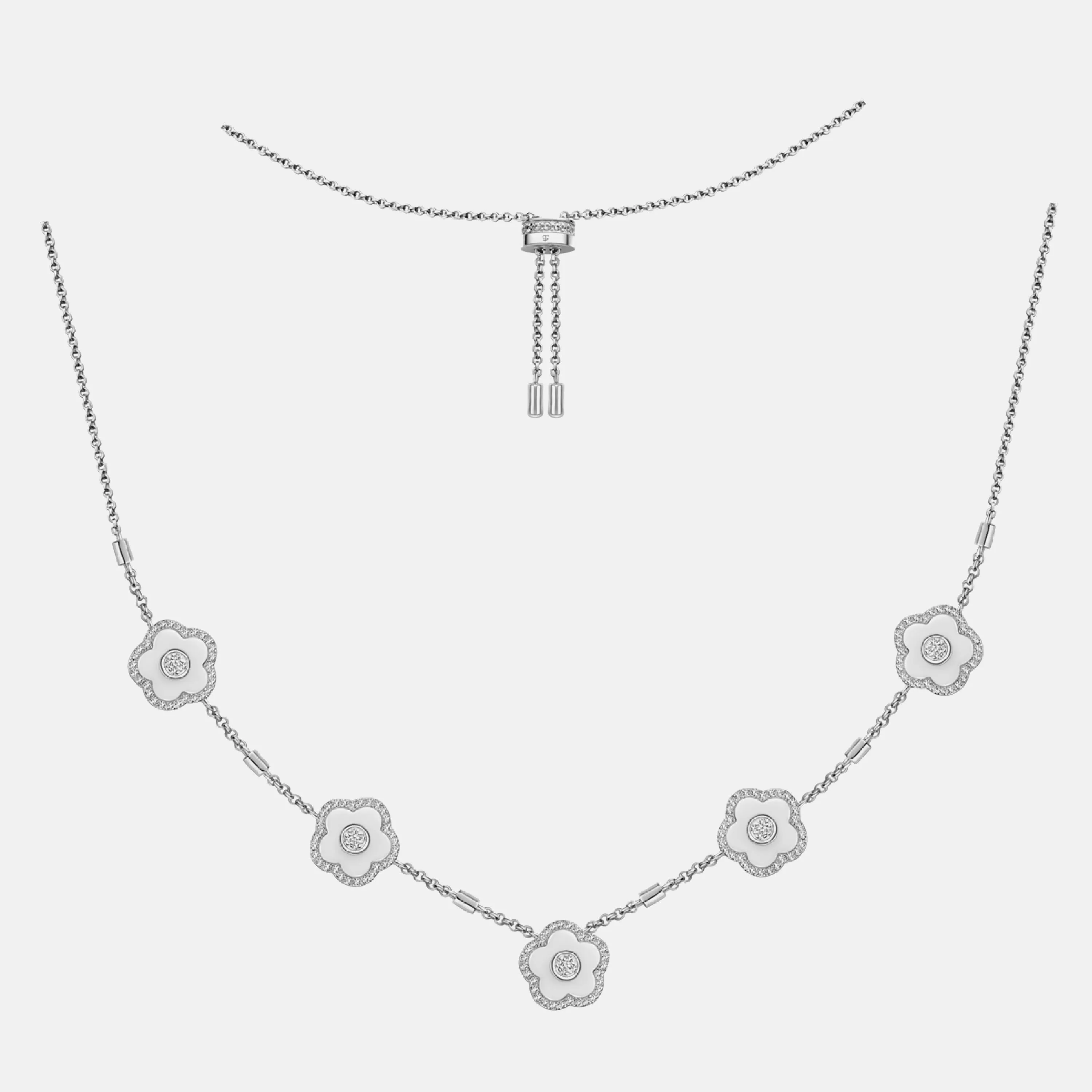 Classic Flower Necklace Brass 18k Silver Plating & Black Ceramic 420-650mm With Sliding Clasp