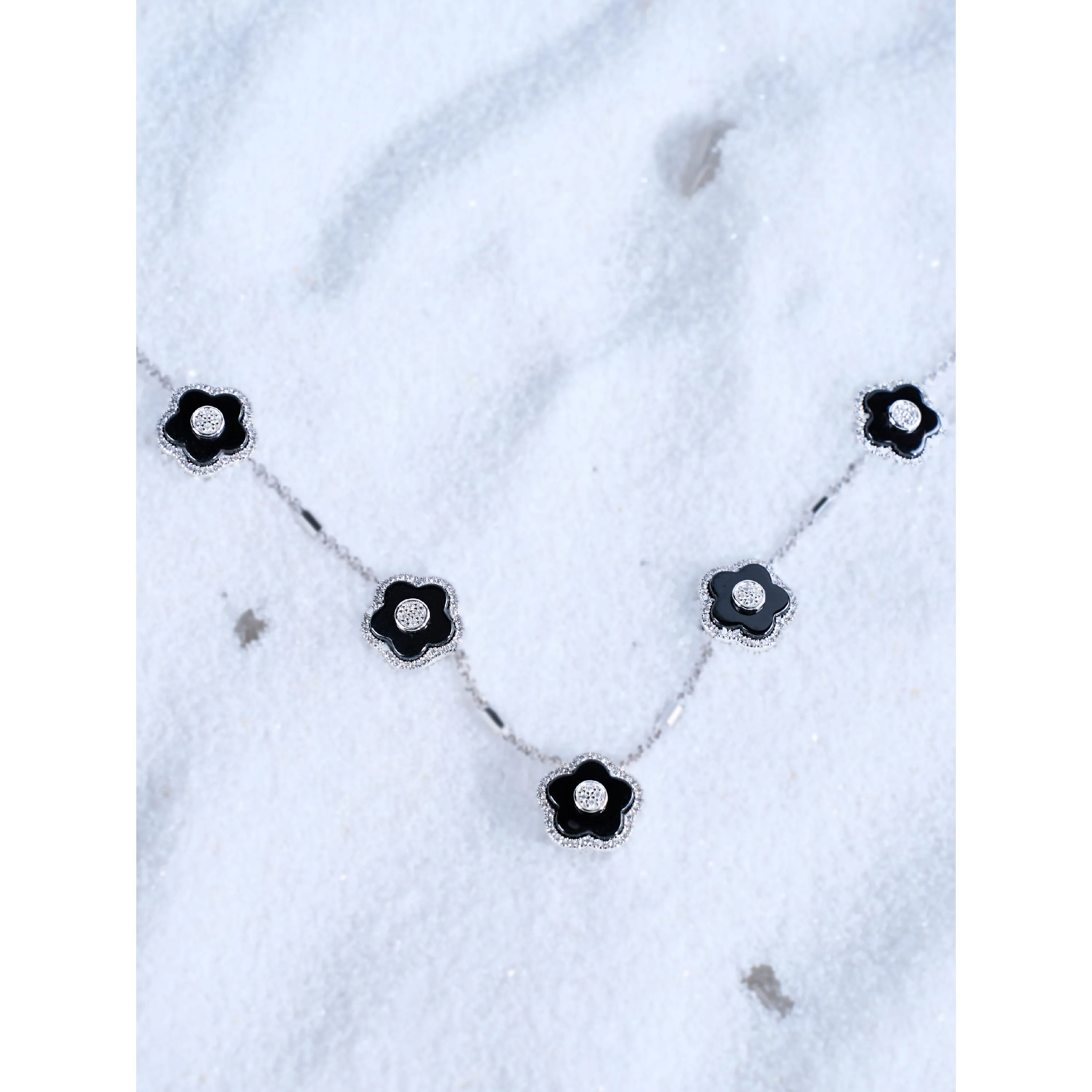 Classic Flower Necklace Brass 18k Silver Plating & Black Ceramic 420-650mm With Sliding Clasp