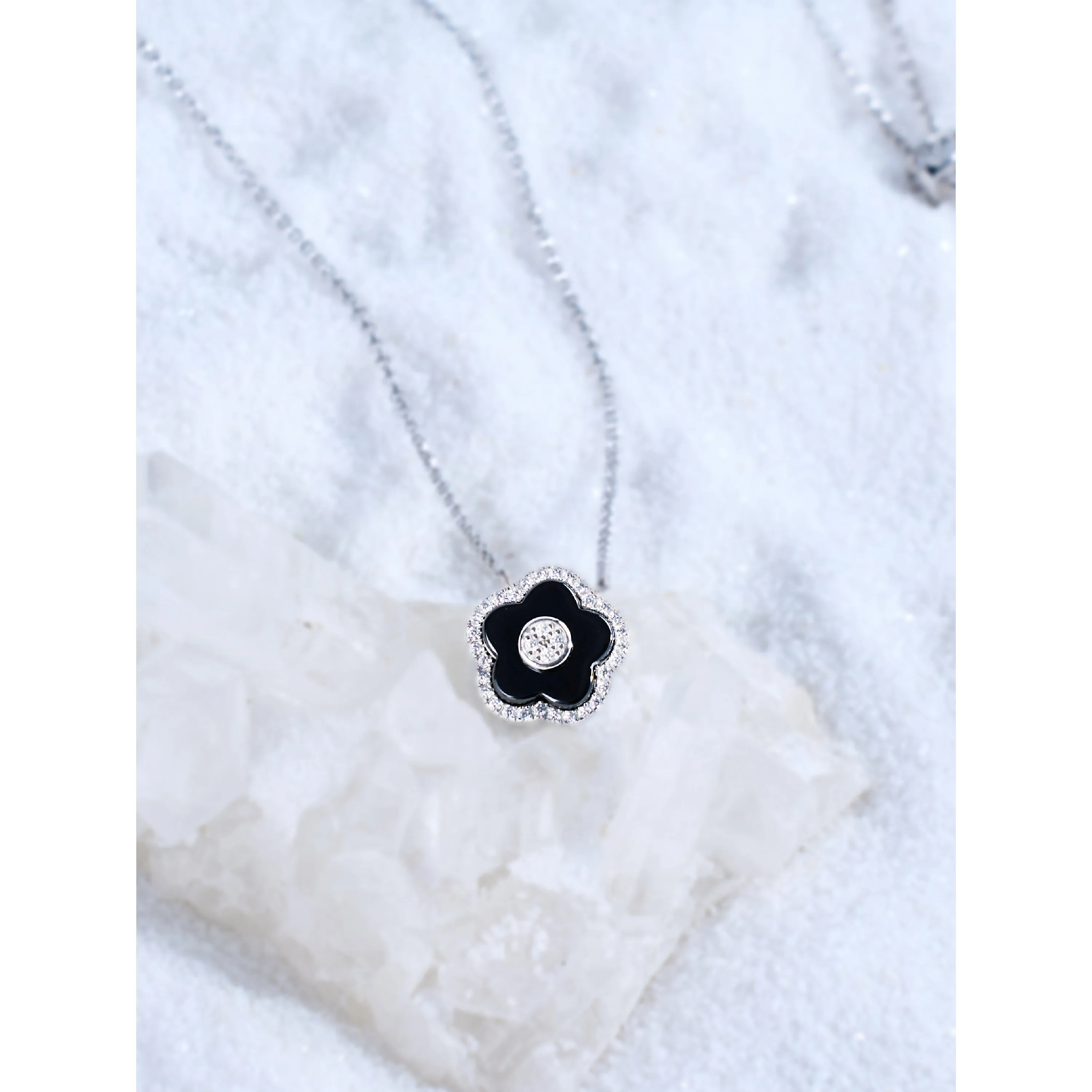 Classic Flower Necklace Brass 18k Silver Plating & Black Ceramic 420-650mm With Sliding Clasp