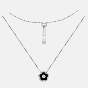 Classic Flower Necklace Brass 18k Silver Plating & Black Ceramic 420-650mm With Sliding Clasp