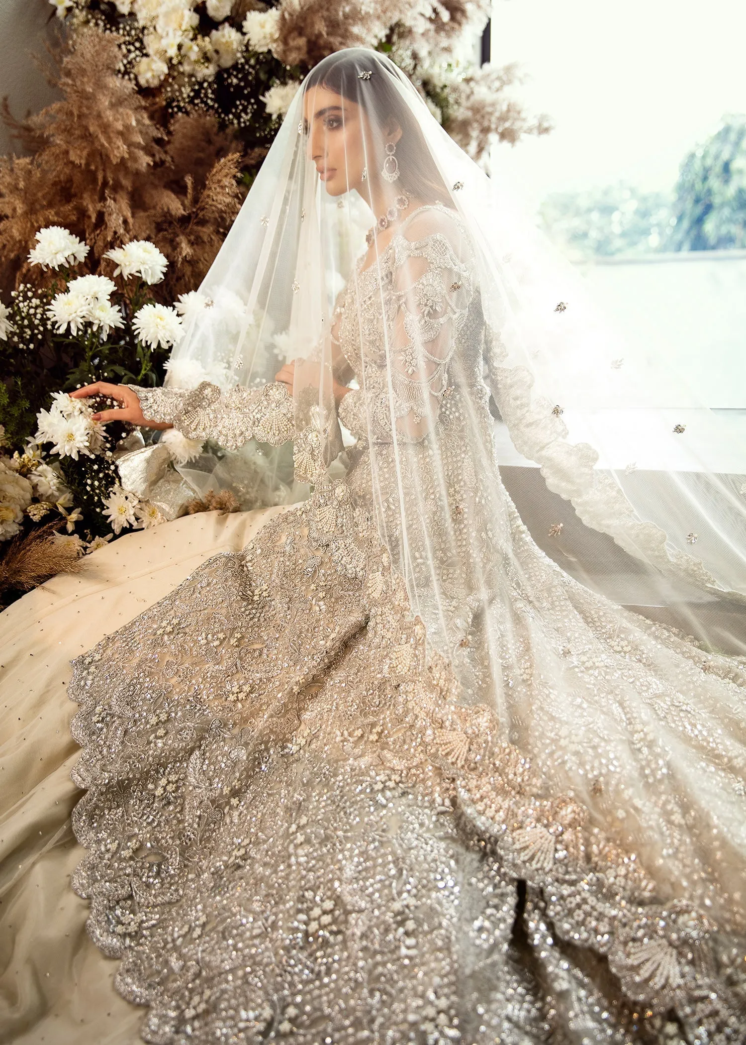 Classic Ivory and Silver Pakistani Bridal Dress in Mermaid Gown Style