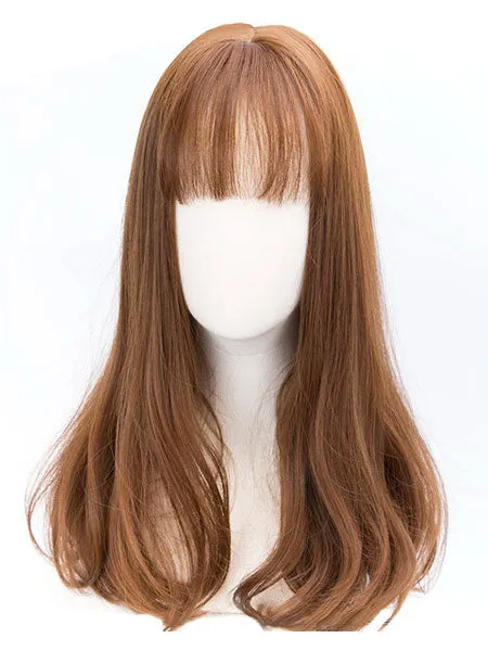 Classic Lolita Wigs Deep Brown Long Straight Blunt Bangs Curls At Ends Synthetic Hair Wigs