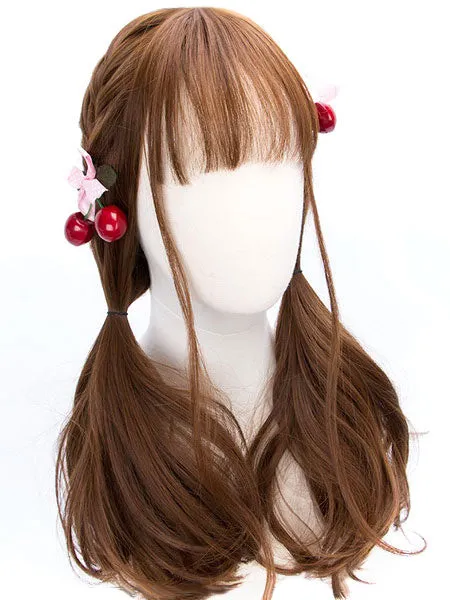 Classic Lolita Wigs Deep Brown Long Straight Blunt Bangs Curls At Ends Synthetic Hair Wigs