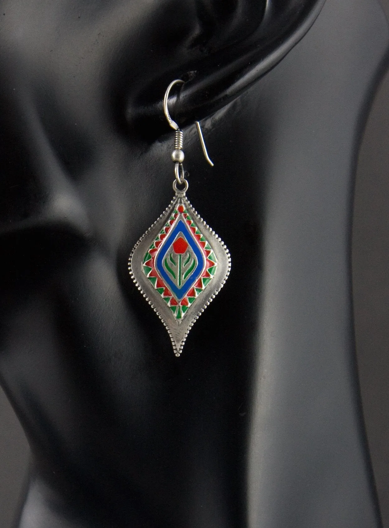 Classic, Mughal-inspired, stylized navette enamel earrings