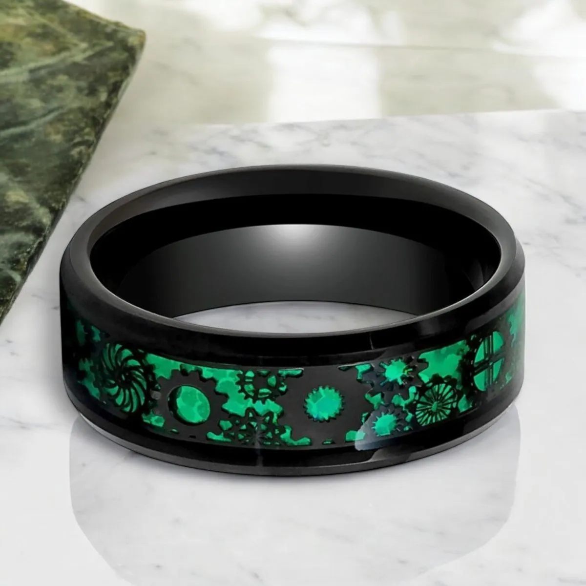 COGSPRING | Black Tungsten Ring, Steampunk Gear over Green Carbon Fiber Inlay