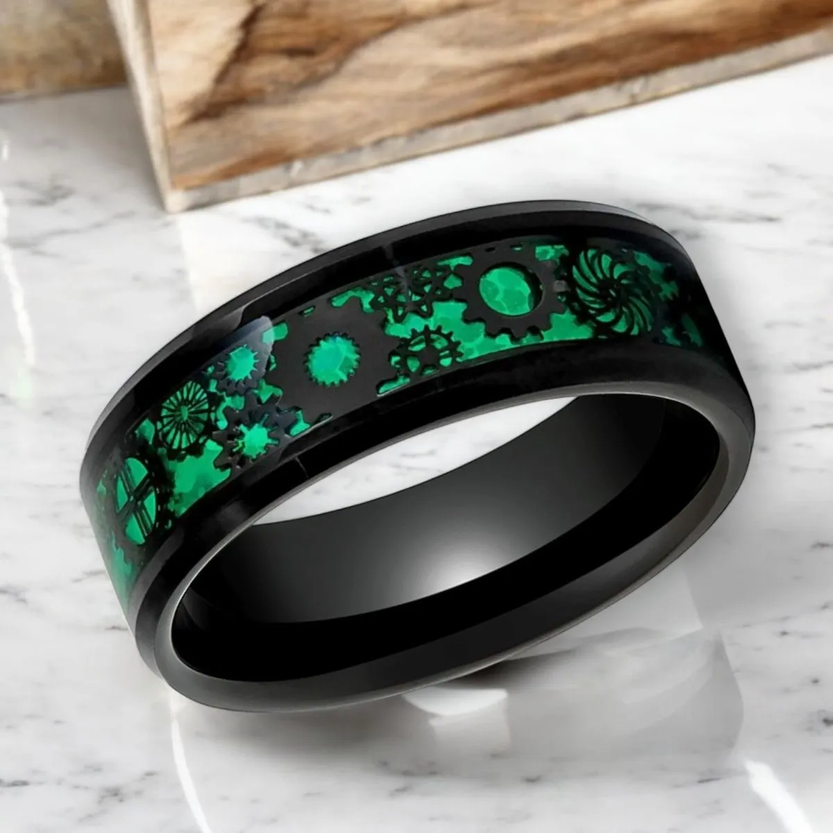 COGSPRING | Black Tungsten Ring, Steampunk Gear over Green Carbon Fiber Inlay