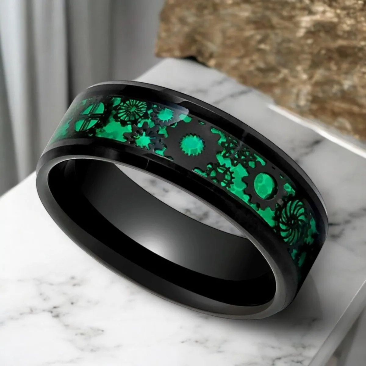 COGSPRING | Black Tungsten Ring, Steampunk Gear over Green Carbon Fiber Inlay