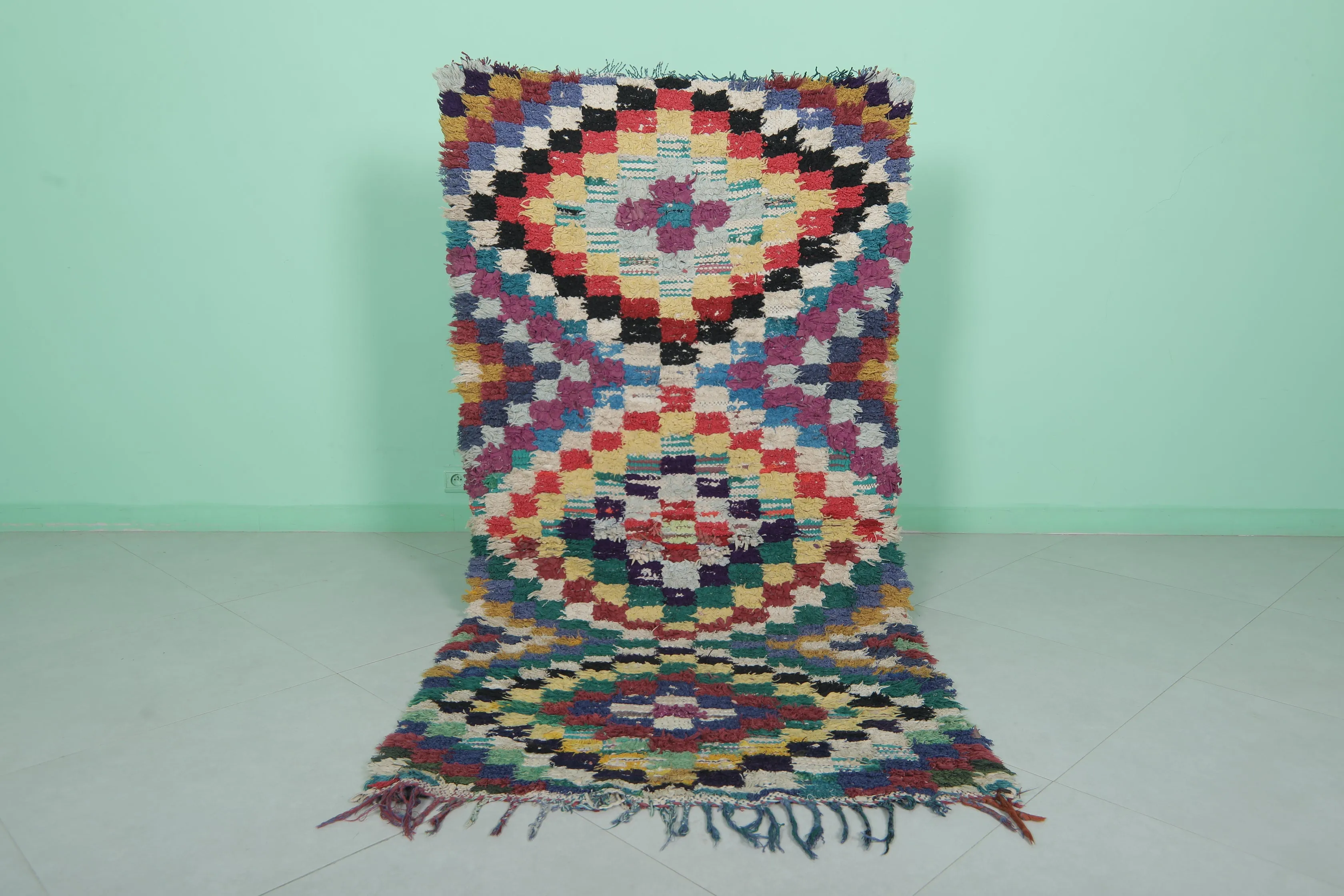 Colorful Moroccan Rug with Unique Checkered Patterns – 3.3 x 6.6 ft