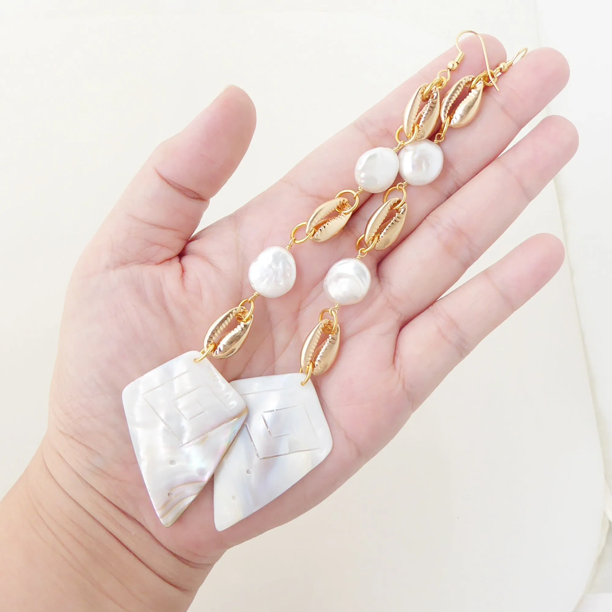 Cowrie shell and pearl earrings
