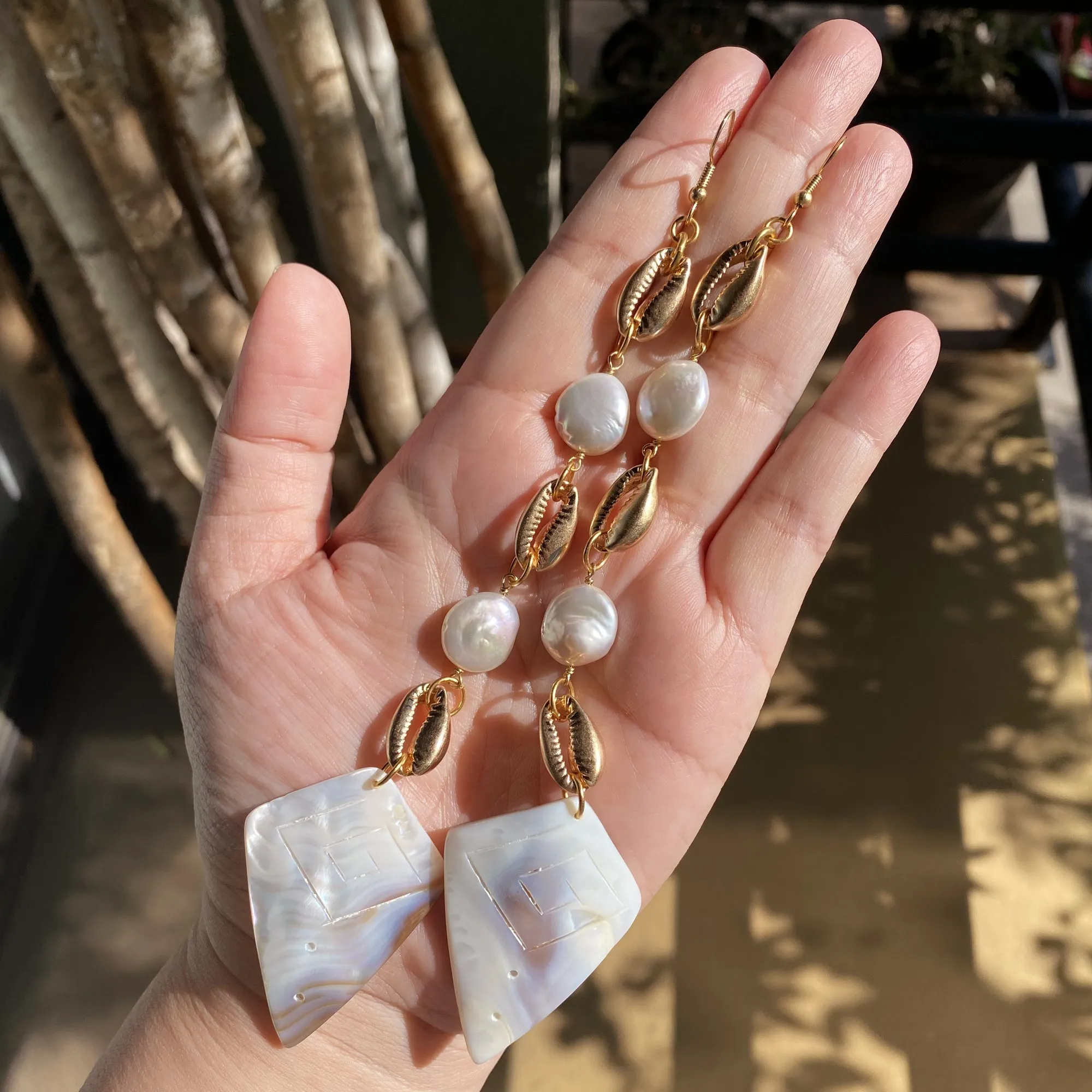 Cowrie shell and pearl earrings