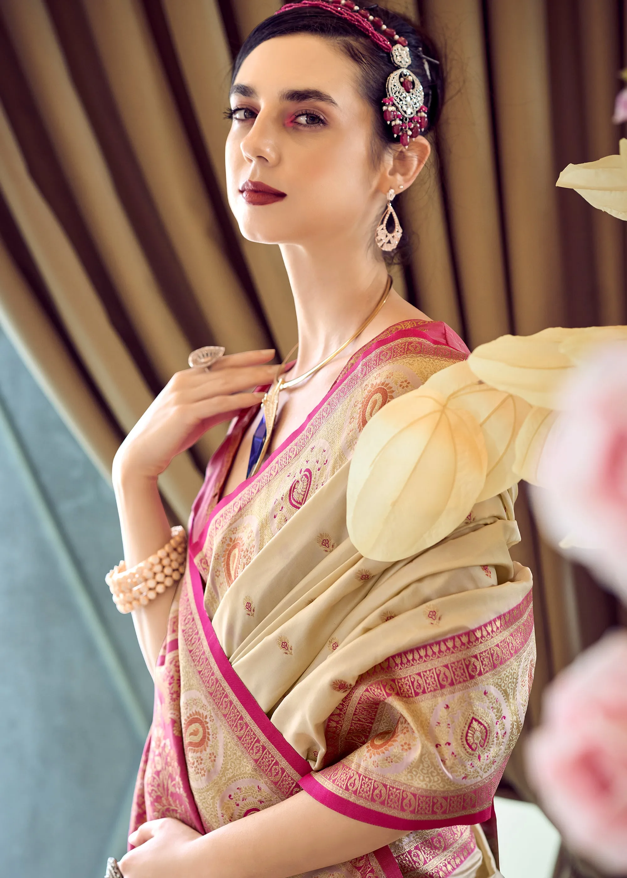 Cream Beige Woven Banarasi Silk Saree With Contrast Blouse