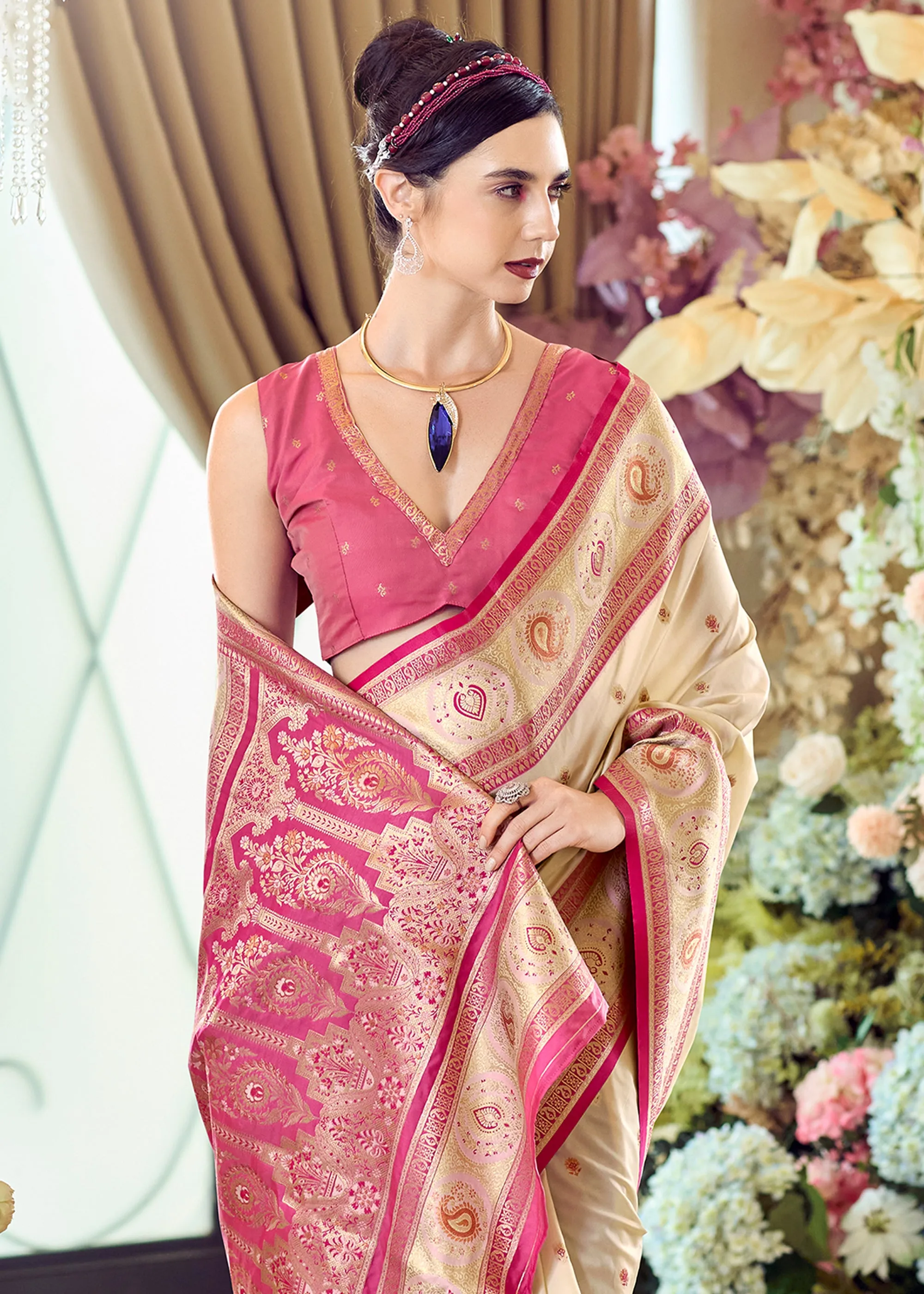 Cream Beige Woven Banarasi Silk Saree With Contrast Blouse