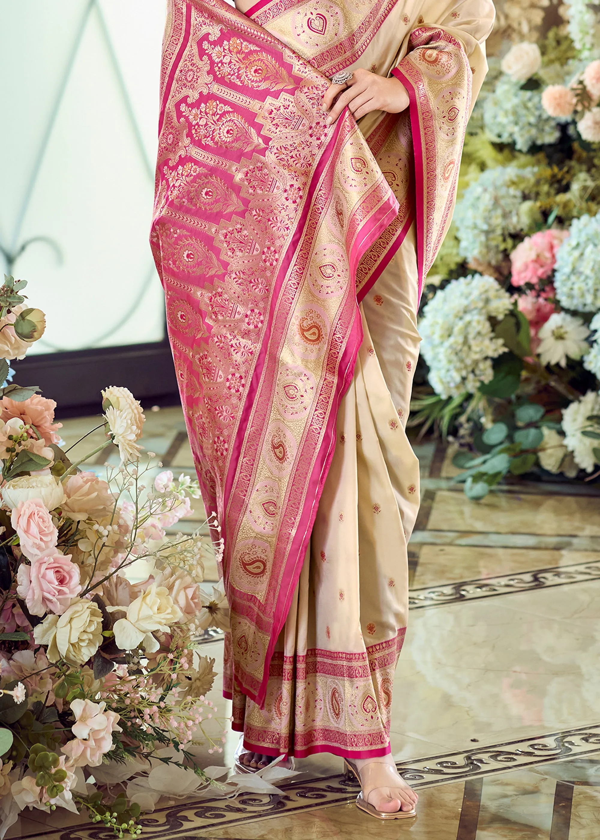 Cream Beige Woven Banarasi Silk Saree With Contrast Blouse