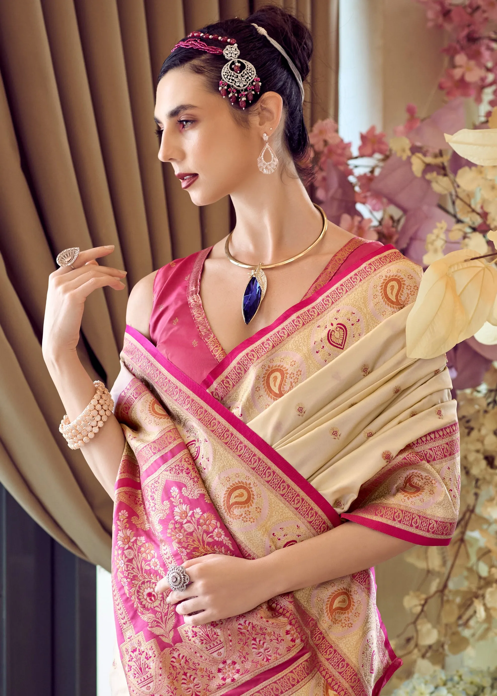 Cream Beige Woven Banarasi Silk Saree With Contrast Blouse