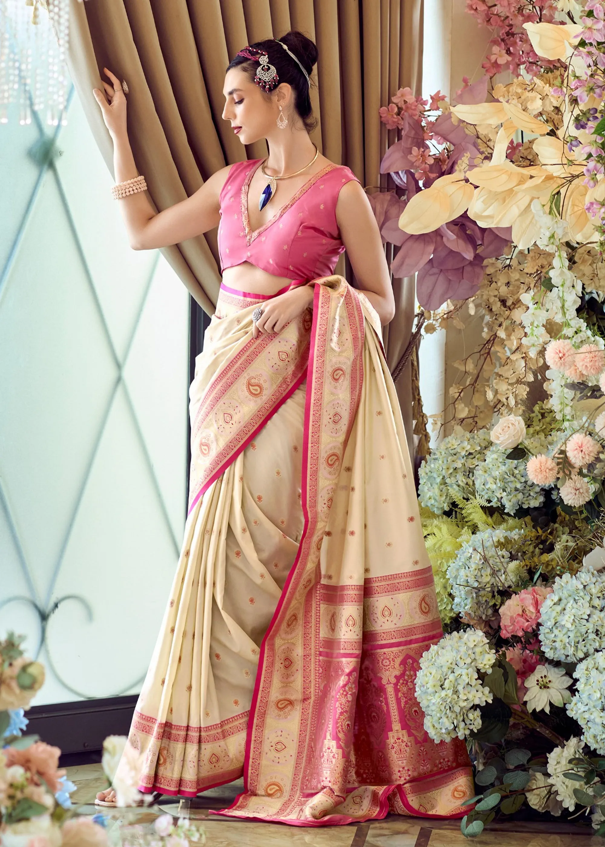 Cream Beige Woven Banarasi Silk Saree With Contrast Blouse