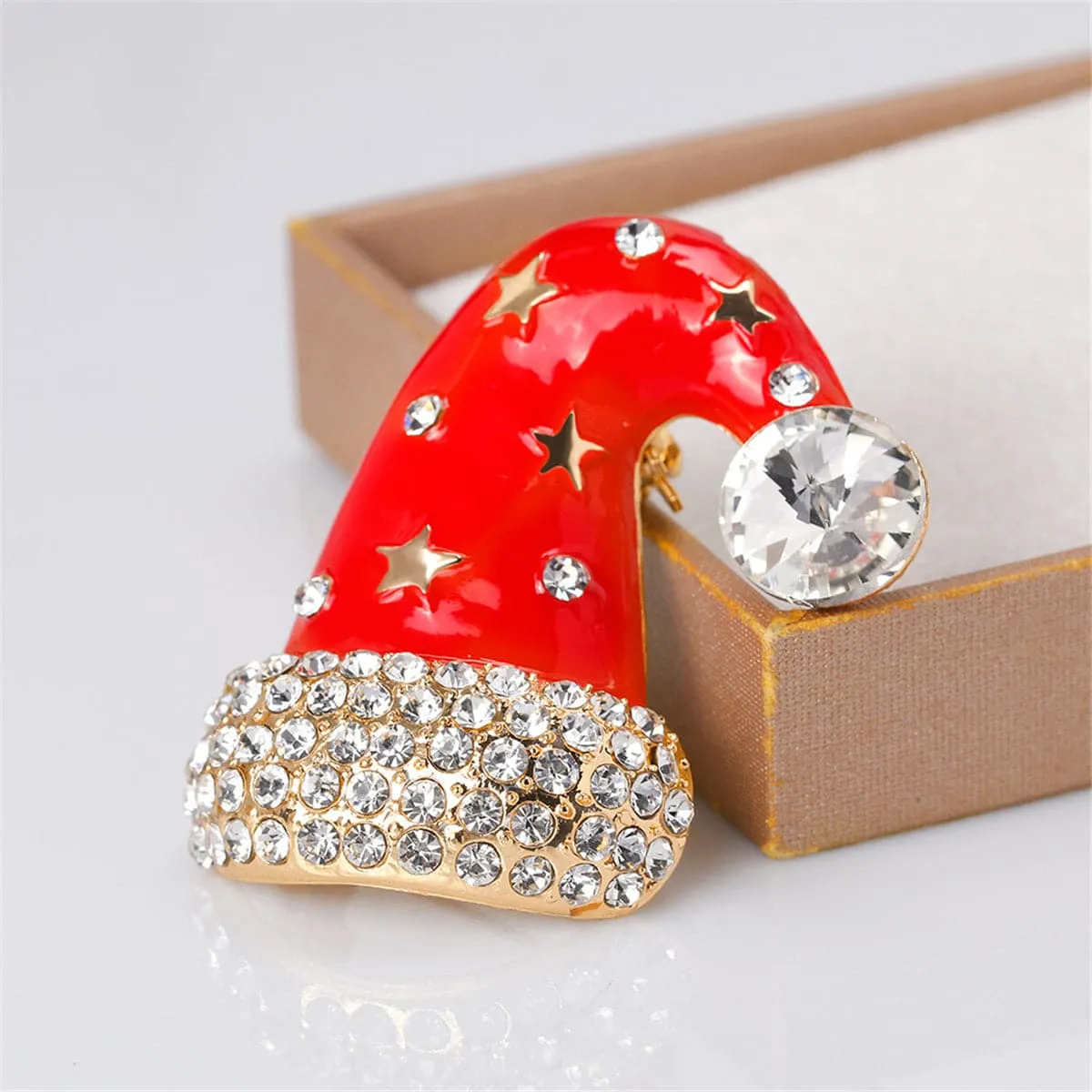 Cubic Zirconia & 18K Gold-Plated Star Santa Hat Brooch