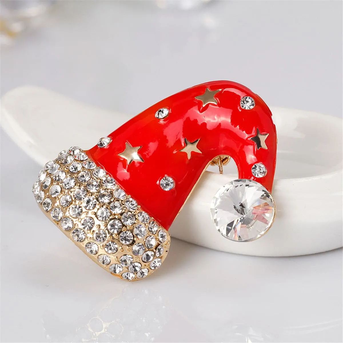 Cubic Zirconia & 18K Gold-Plated Star Santa Hat Brooch