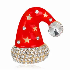 Cubic Zirconia & 18K Gold-Plated Star Santa Hat Brooch