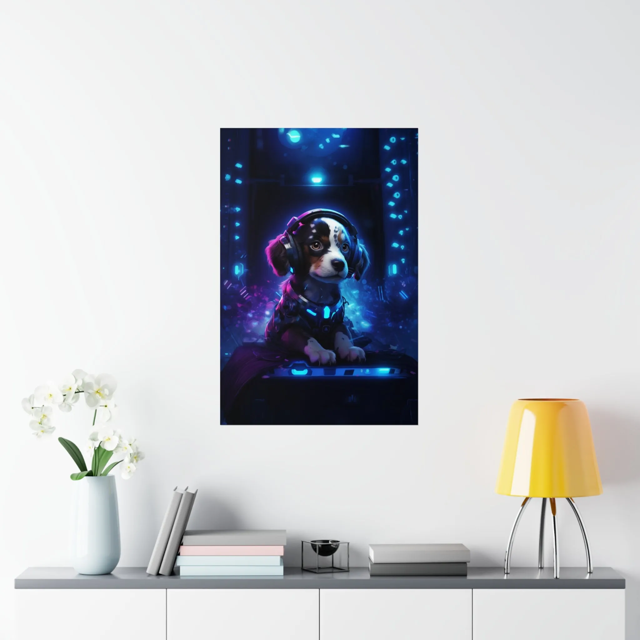 Cute Tech Savvy Puppy Poster, Futuristic Wall Art Print, CyberPunk Puppy Wall Print Unframed