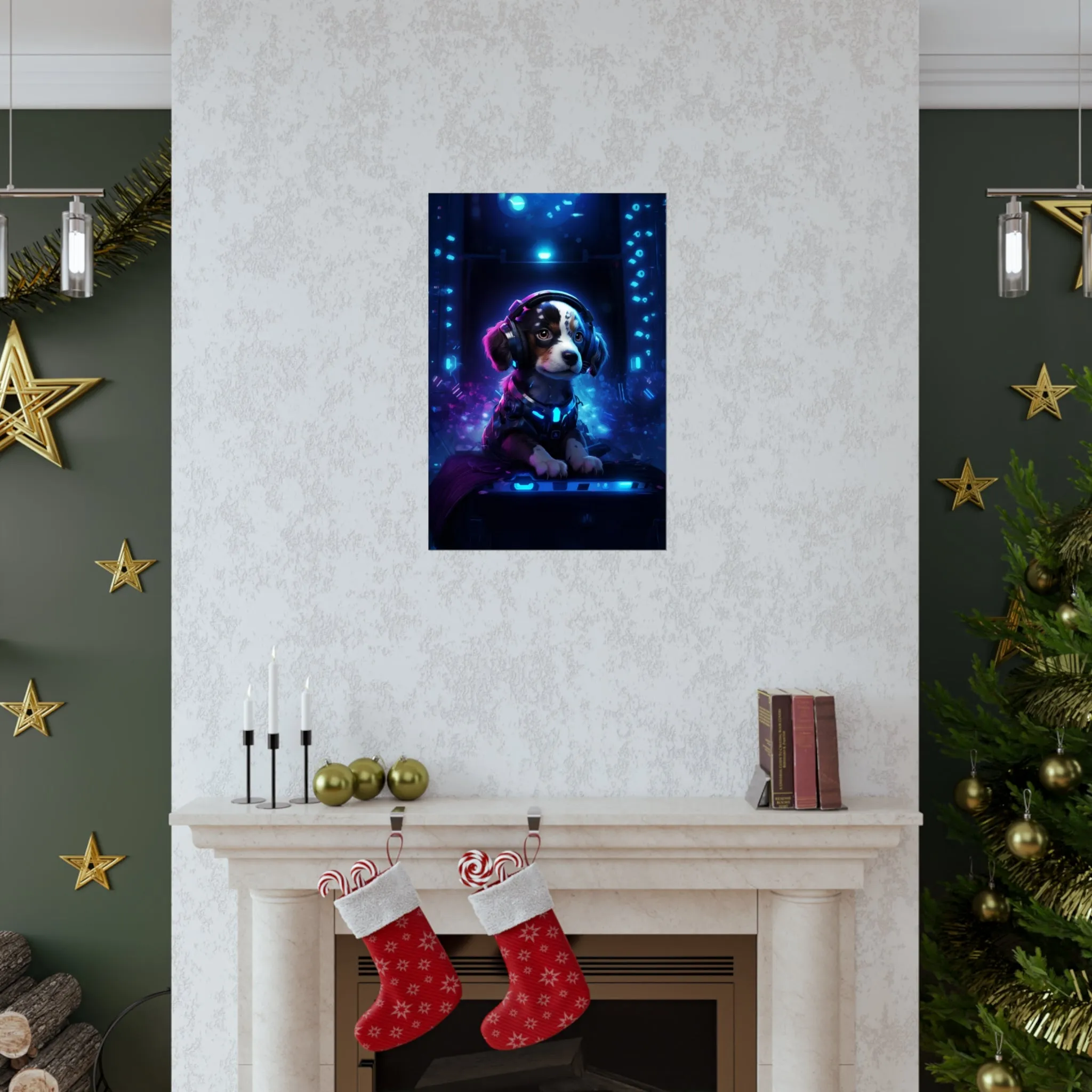 Cute Tech Savvy Puppy Poster, Futuristic Wall Art Print, CyberPunk Puppy Wall Print Unframed