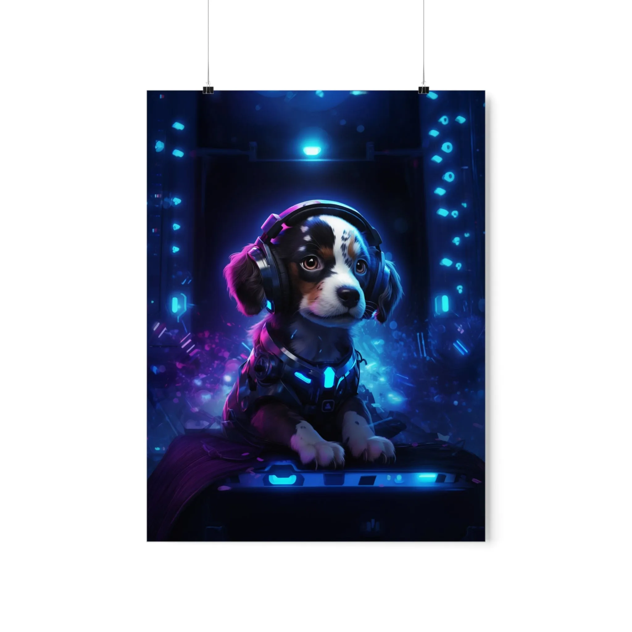 Cute Tech Savvy Puppy Poster, Futuristic Wall Art Print, CyberPunk Puppy Wall Print Unframed