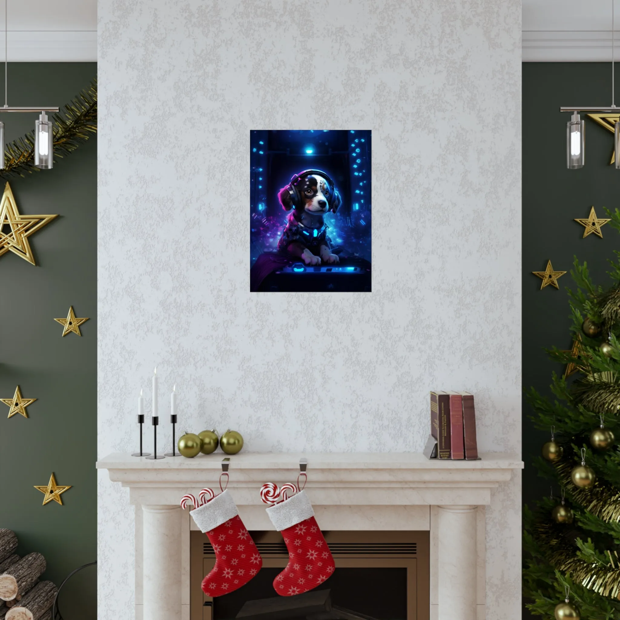 Cute Tech Savvy Puppy Poster, Futuristic Wall Art Print, CyberPunk Puppy Wall Print Unframed