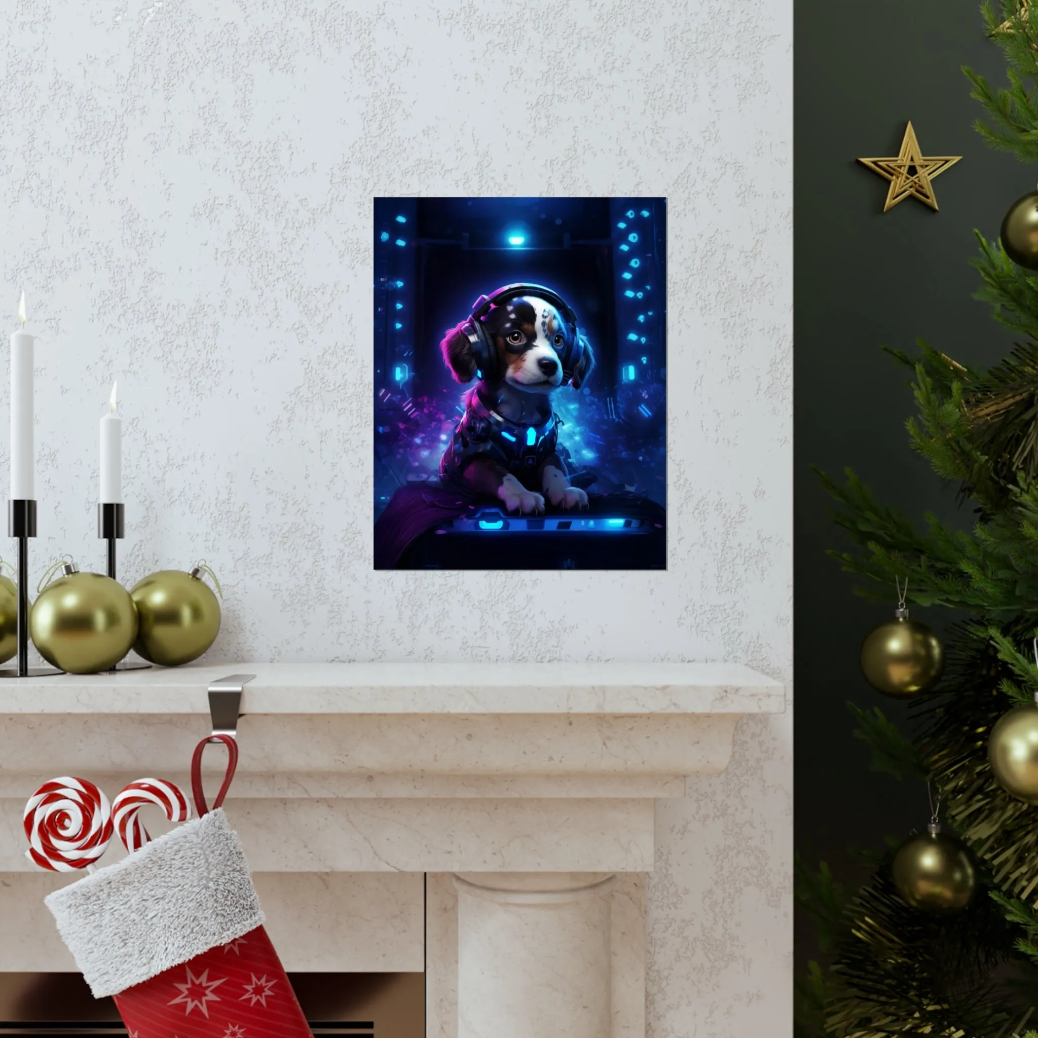 Cute Tech Savvy Puppy Poster, Futuristic Wall Art Print, CyberPunk Puppy Wall Print Unframed
