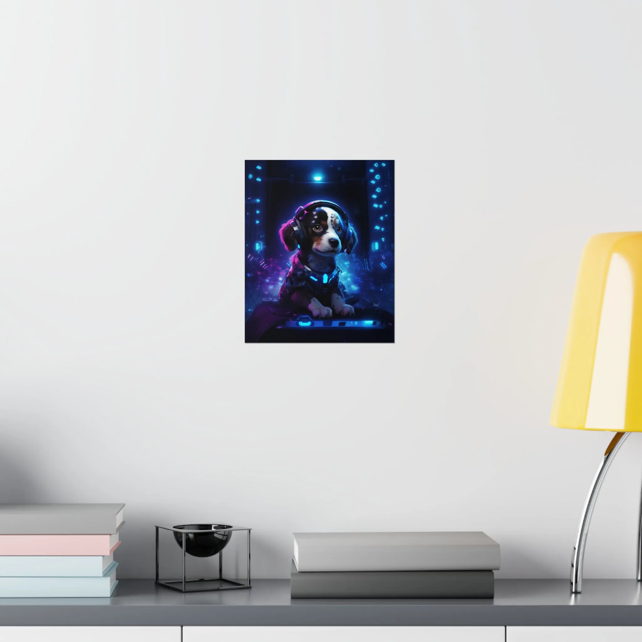 Cute Tech Savvy Puppy Poster, Futuristic Wall Art Print, CyberPunk Puppy Wall Print Unframed