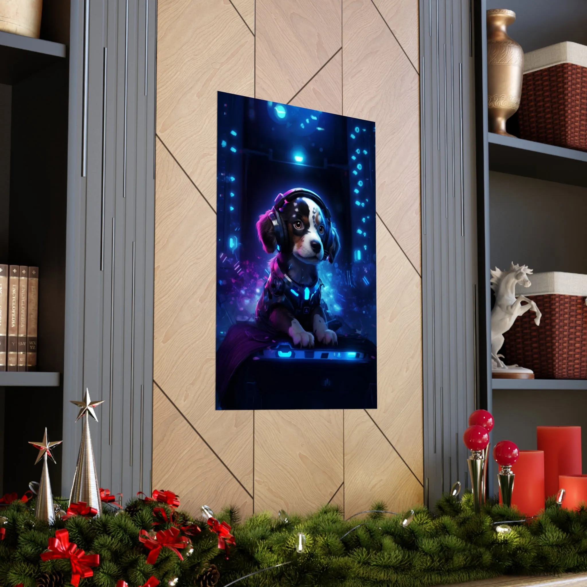 Cute Tech Savvy Puppy Poster, Futuristic Wall Art Print, CyberPunk Puppy Wall Print Unframed