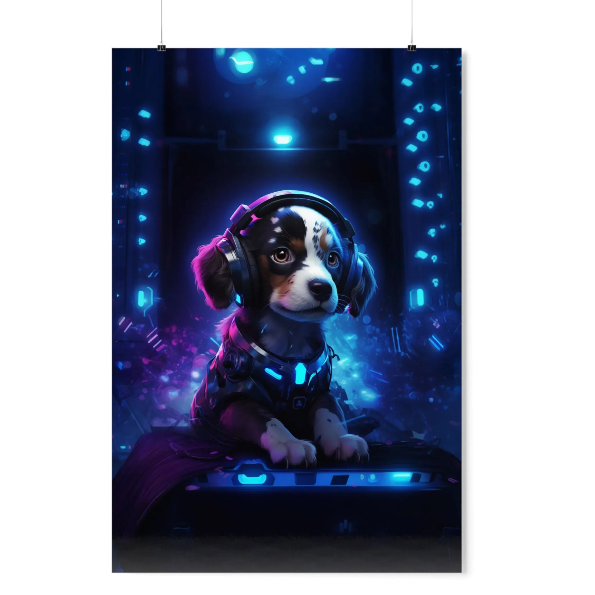 Cute Tech Savvy Puppy Poster, Futuristic Wall Art Print, CyberPunk Puppy Wall Print Unframed